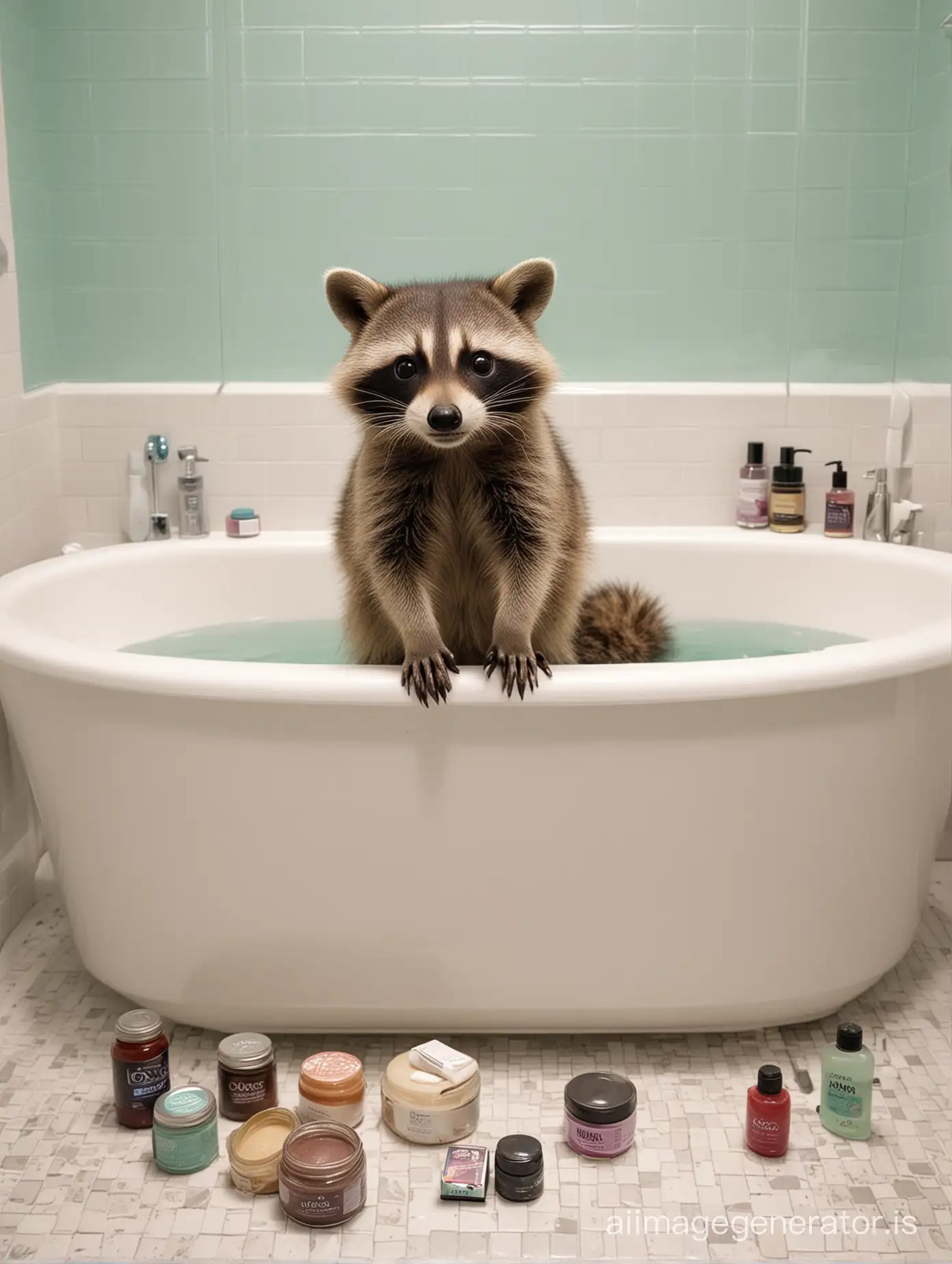Маленький енот принимает ванну а вся ванная комната заставлена баночками с косметикой и гелями фирмы Avon