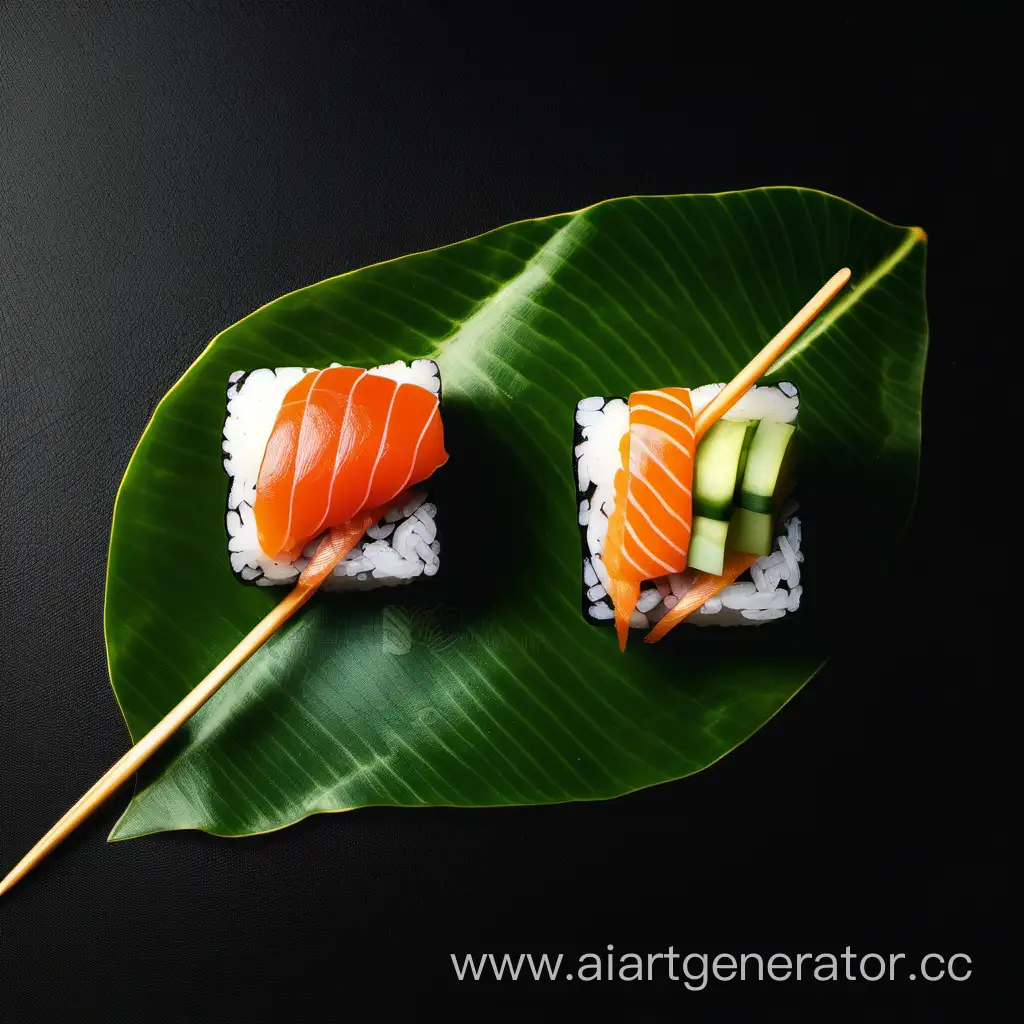 Sushi-Duo-on-Tropical-Leaf-Exquisite-Japanese-Cuisine-Photography