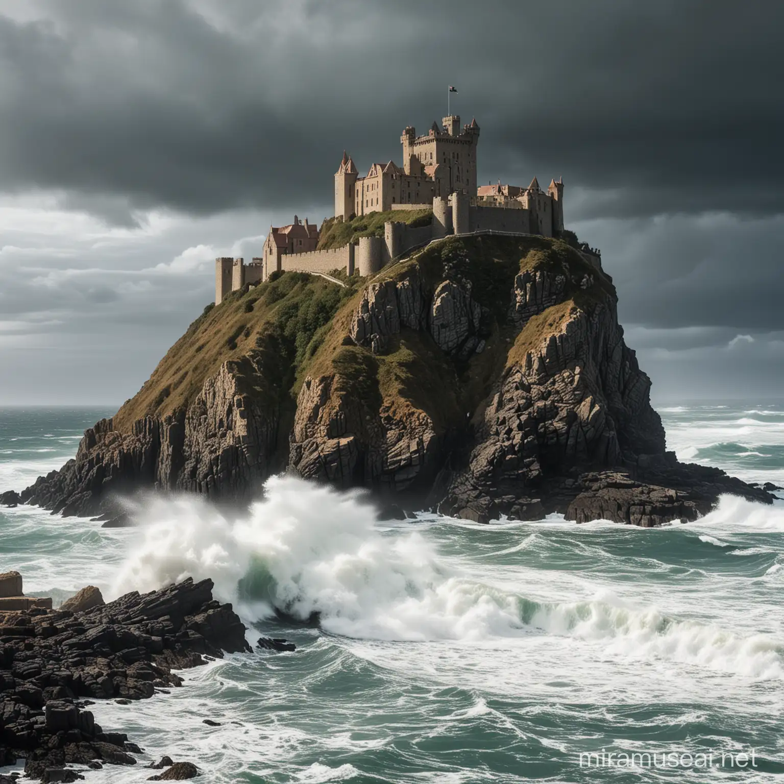 A castle sitting on the edge of a bluff overlooking the ocean while waves from a storm crash against the rocky shore