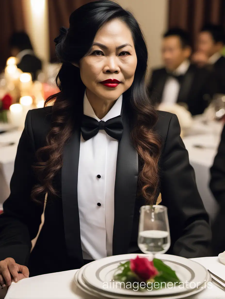 40 year old stern vietnamese woman with long hair and lipstick wearing a tuxedo with a black bow tie.  She is at a dinner table.Her jacket has a corsage.