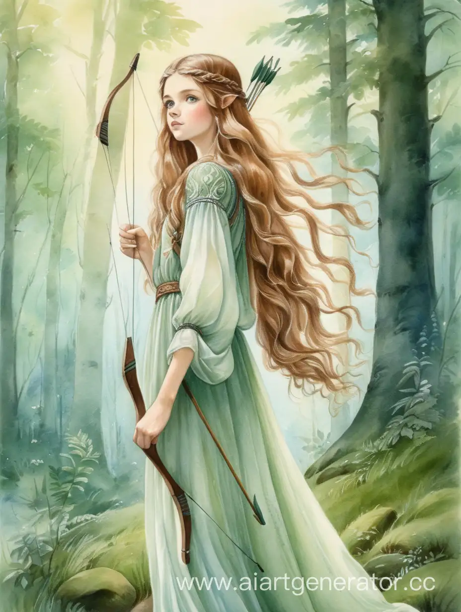 Slavic-Archer-Girl-in-Lush-Forest-Watercolor-Painting