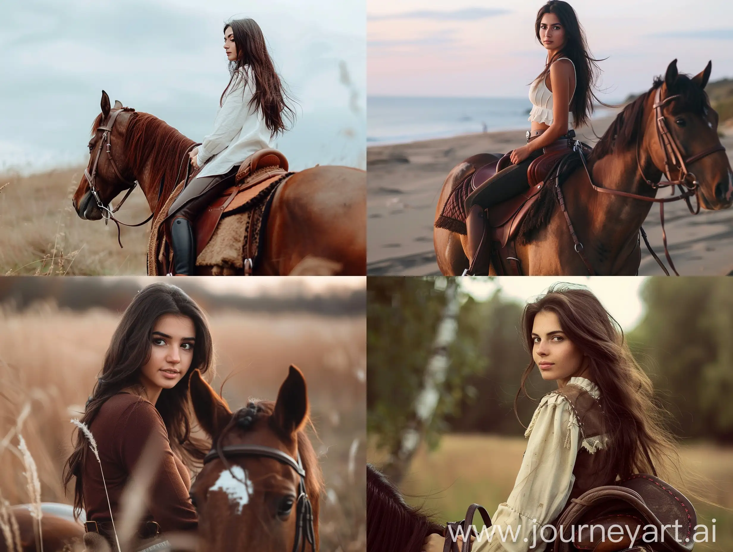 Elegant-Brunette-Riding-a-Majestic-Brown-Horse-Aesthetic-Equestrian-Photography
