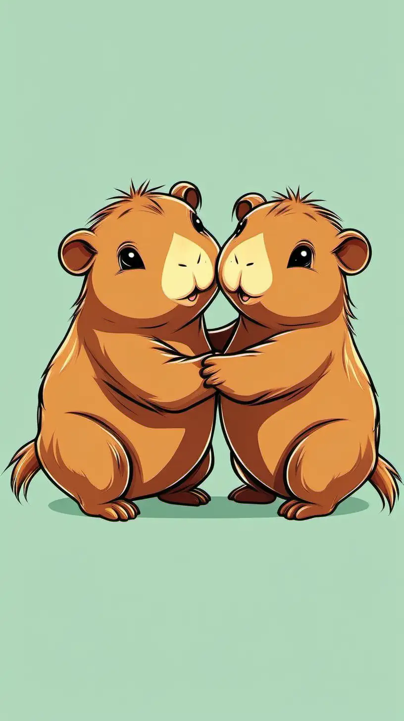 create an image of a 2 cute baby cartoon capybaras hugging
