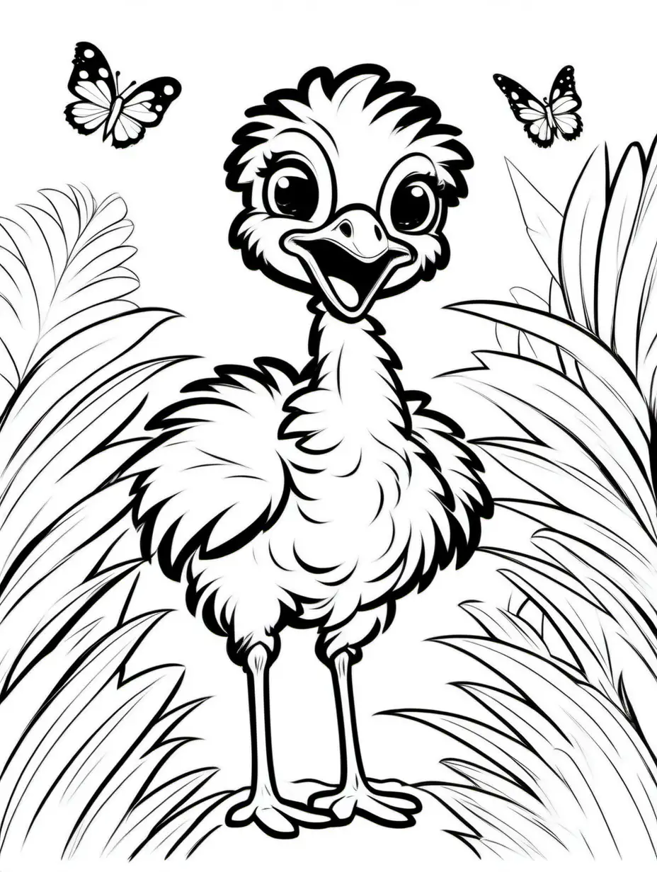 Adorable Ostrich Chick with Butterfly Cute Cartoon Drawing Coloring Book Illustration