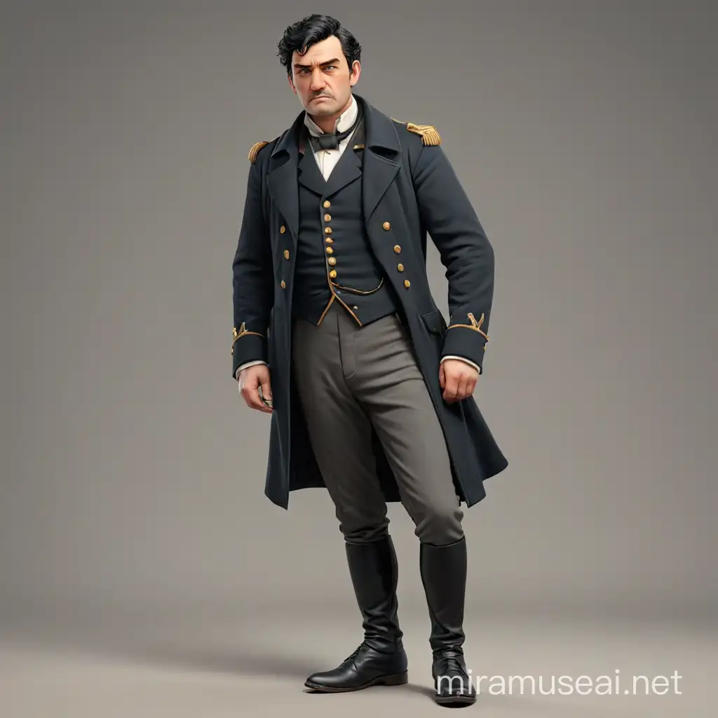 black-haired Prussian sad man of the 19th century. in full height. Without background. in realism style, 3d-animation.