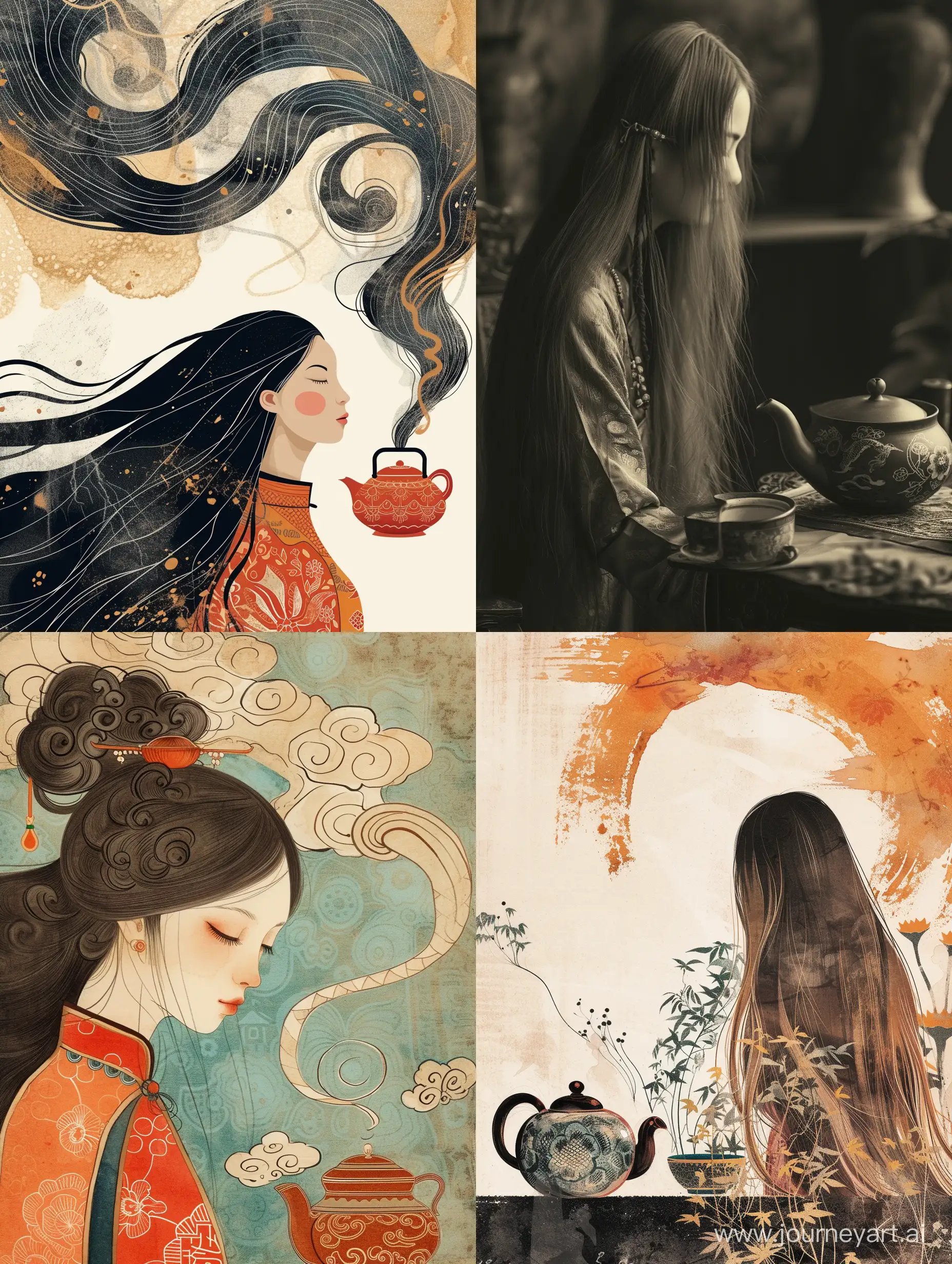 Lunar tea ceremony, Chinese teapot, woman with long hair