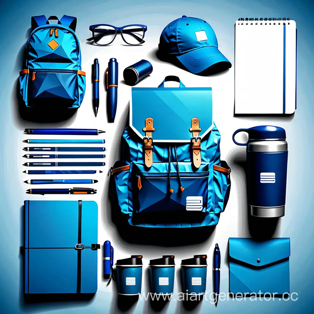 产品设计，蓝色色调，产品包括：笔记本、保温杯、笔记本电脑，钢笔，雨伞，衬衣，马克杯，纸袋，背包，最高品质，LOGO