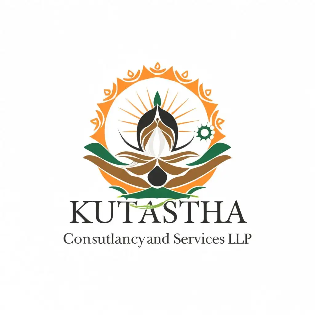 a logo design,with the text "kutastha Consultancy and Services LLP", main symbol:Icon/Image:

Create a circular emblem with a serene landscape inside.
At the center, depict the silhouette of a meditating figure or a stylized representation of Kutastha, symbolizing inner consciousness.
Surround the figure with elements like a rising sun, serene mountains, or flowing rivers to convey the journey of spiritual growth.
Typography:

Use a rounded and elegant font for the text "Kutastha Consultancy and Services LLP" to complement the circular layout.
Color Scheme:

Opt for calming colors like soft blue or green for the background, representing tranquility and nature.
Use warm tones like gold or orange for the central figure and other accent elements to symbolize enlightenment and vitality.
Layout:

Position the circular emblem at the center, making it the focal point of the logo.
Arrange the text around the emblem in a circular fashion, maintaining balance and readability.,Moderate,clear background