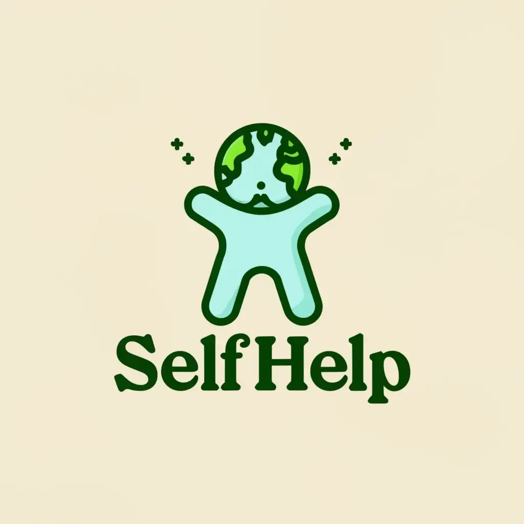 a logo design,with the text "SELF HELP", main symbol:cute simple logo of the world but with a green human figure forming the continents,Minimalistic,be used in Medical Dental industry,clear background