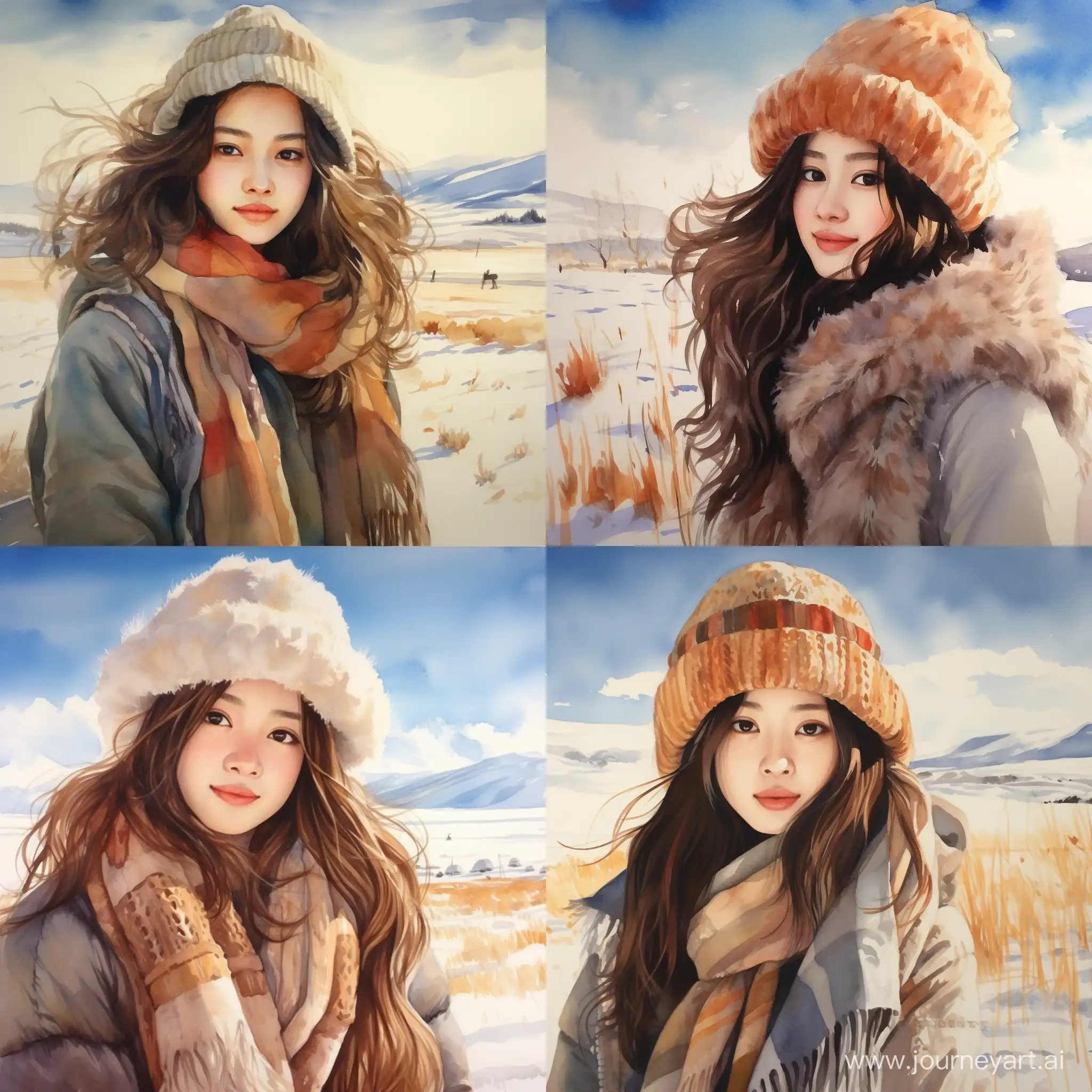 beautiful painting with watercolors and ink, flat steppe, winter, bright sun, blue sky, white clouds, beautiful Asian girl 19 years old, white glowing skin, radiant big brown eyes, light smile, straight nose, wide cheekbones, brownish hair, warm knitted hat, knitted wool scarf, warm buttoned coat, long dress with long sleeves, high stand-up collar, hair in a braid, round cap on her head, girl in the middle, focus on face, walking, beautiful picture, waist-length portrait view, pleasant, joyful , optimistic.