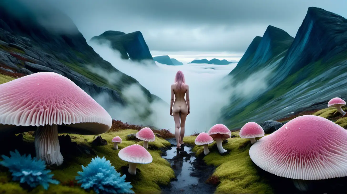 Psychedelic mountainous Norwegian landscape, large crystalline bluish minerals, nude woman in center, Moss, foggy mist, Pink and blue striated mushrooms, taken with DSLR camera, vast, realistic lighting