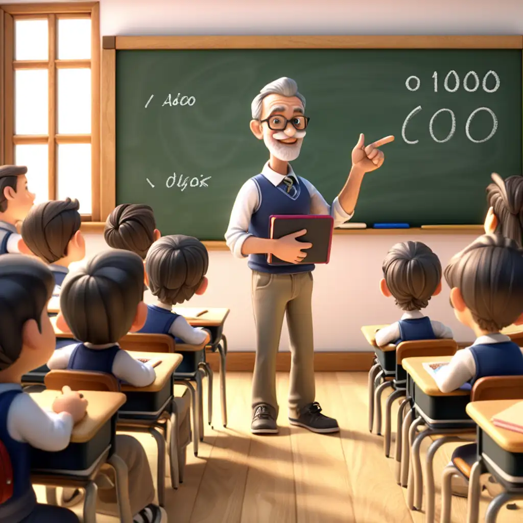 Middle Aged Male Teacher in Classroom with Chalkboard Number 010000