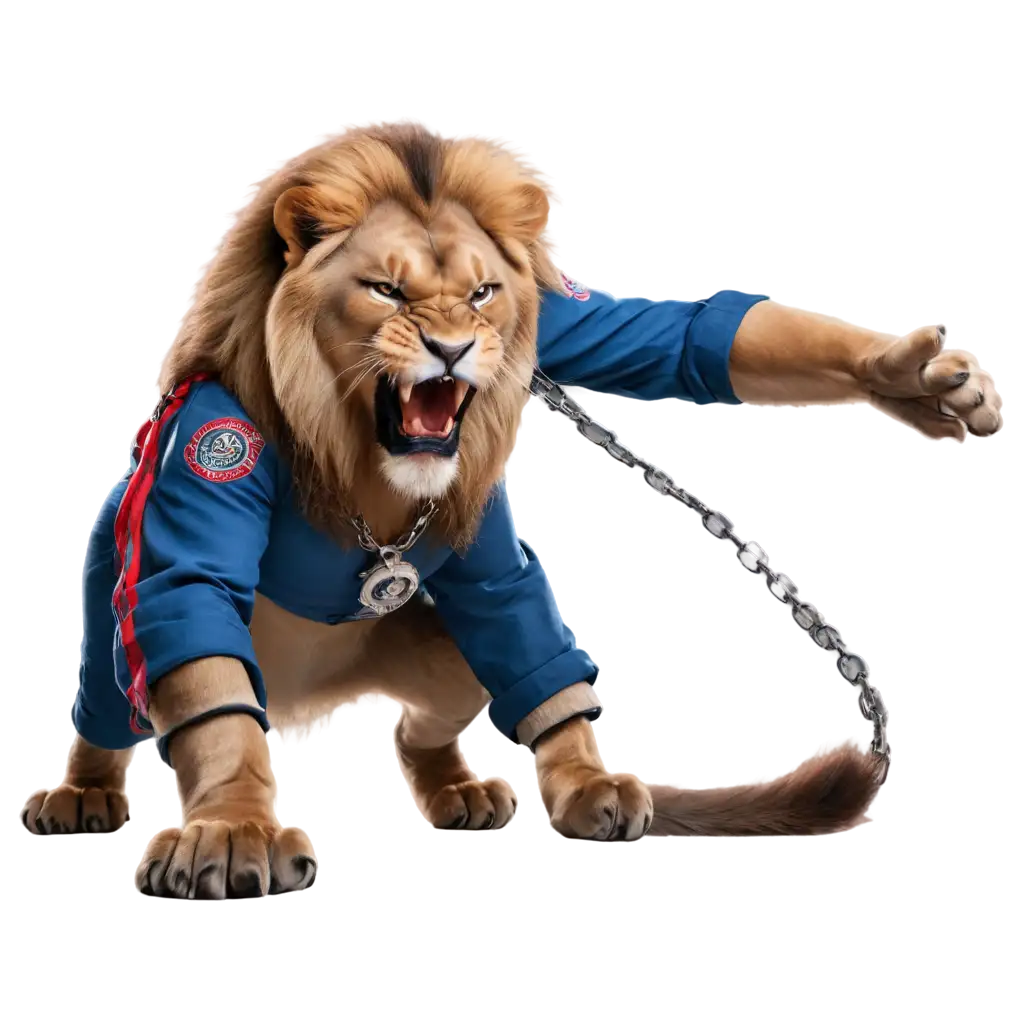 very angry lion
having a chain around its neck
wearing a shirt in blue, white and red