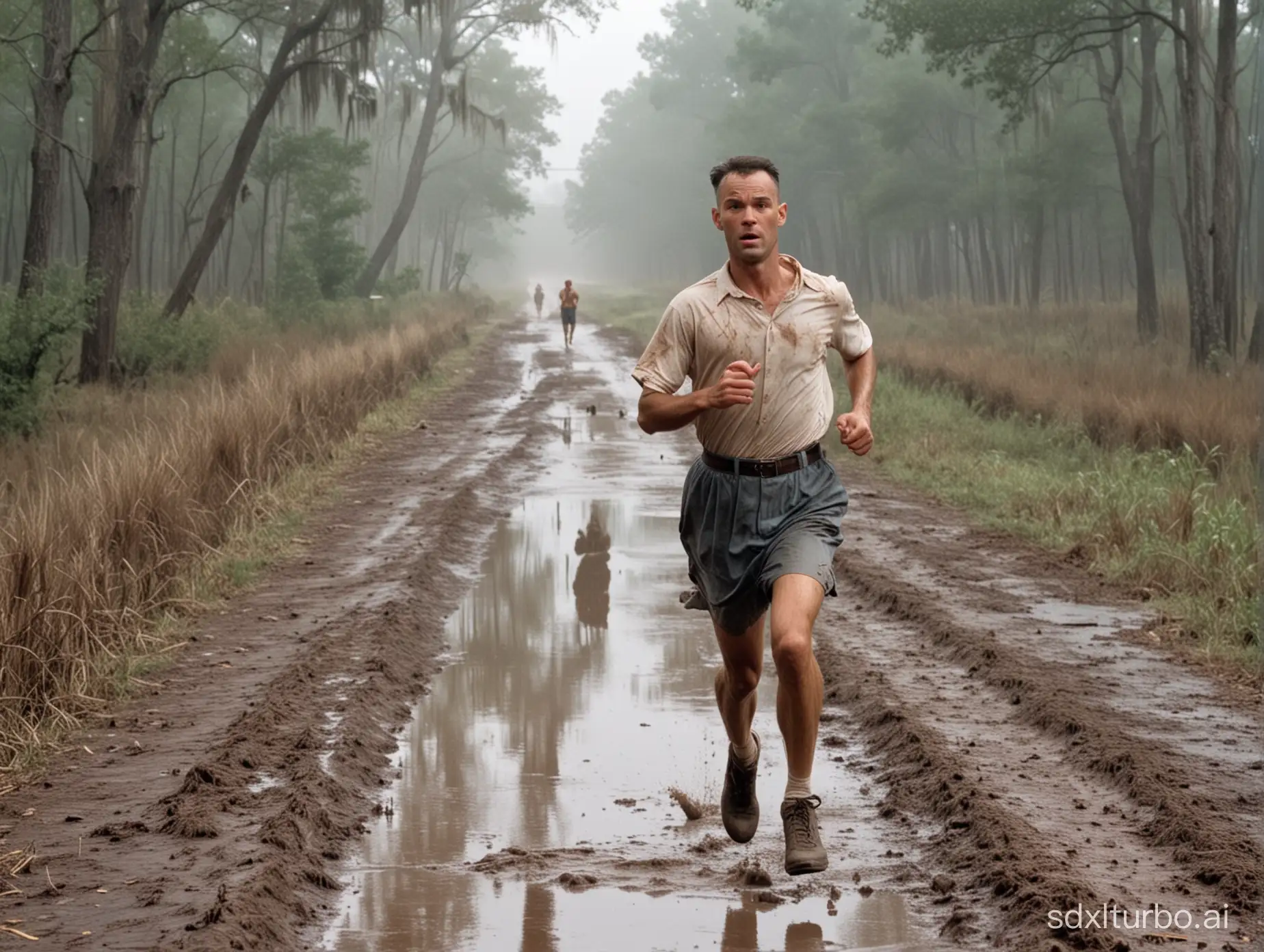 Forrest Gump is running on a muddy road.