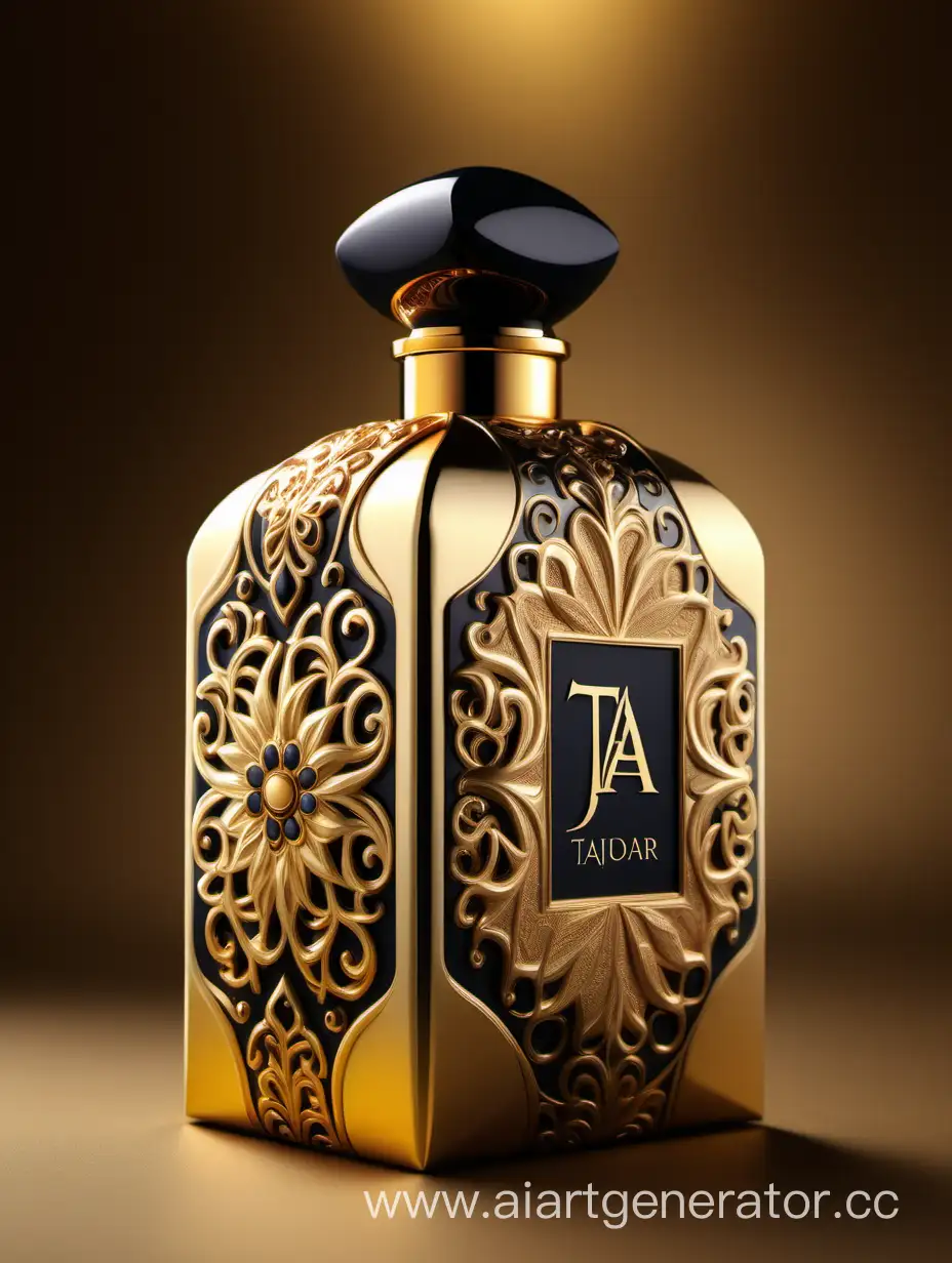 Box package design of perfume TAJDAR product, elegant, trending on artstation,   sharp focus,   studio photo,   intricate details,   highly detailed,   gold, Royal black and beige color on gold background