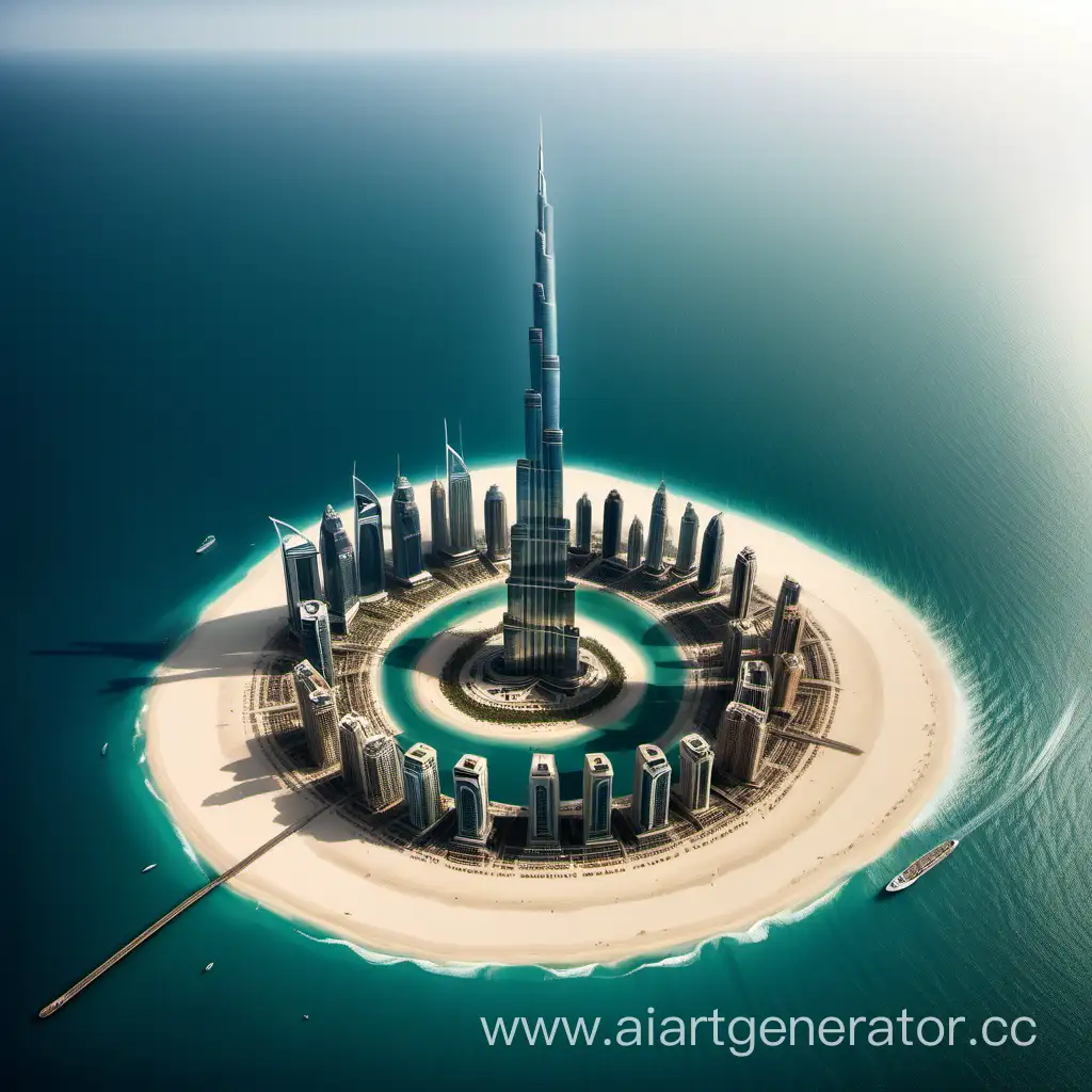 Изобрази небоскреб Дубая на необитаемом острове посреди океана.
