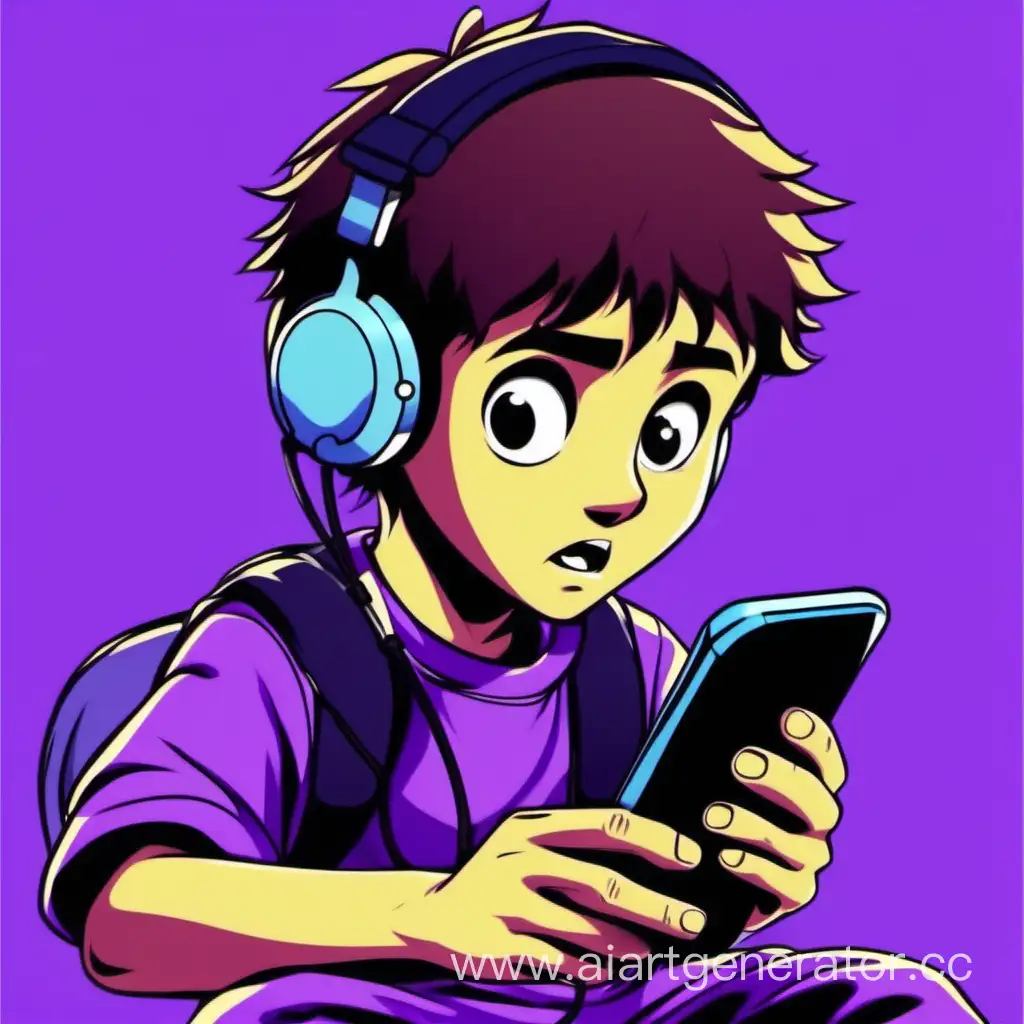 Playful-Boy-Engaged-in-Digital-Fun-on-Vibrant-Purple-Cartoon-Background