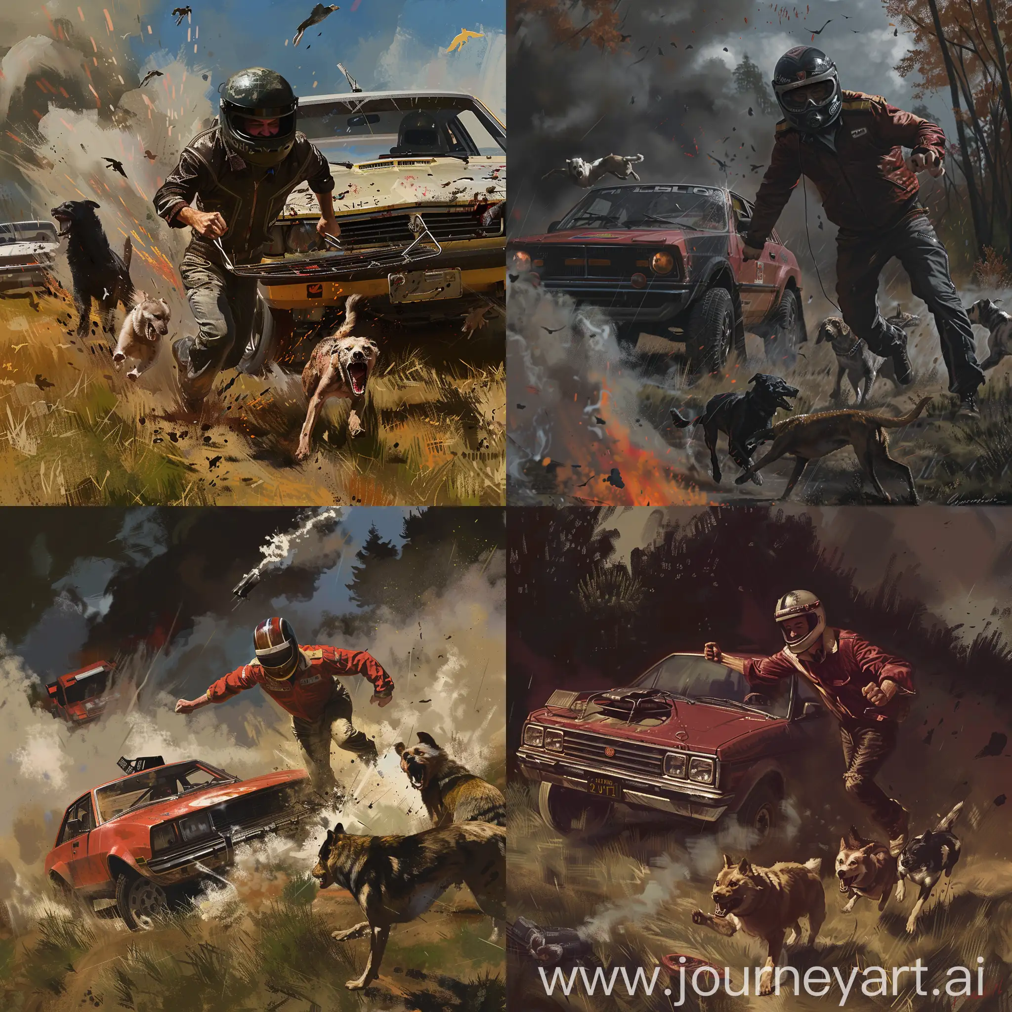 Realistic art: young rally driver in helmet running from dogs near his rally 1980's car Dark scene. He's weak. He fighting with BBQ grill