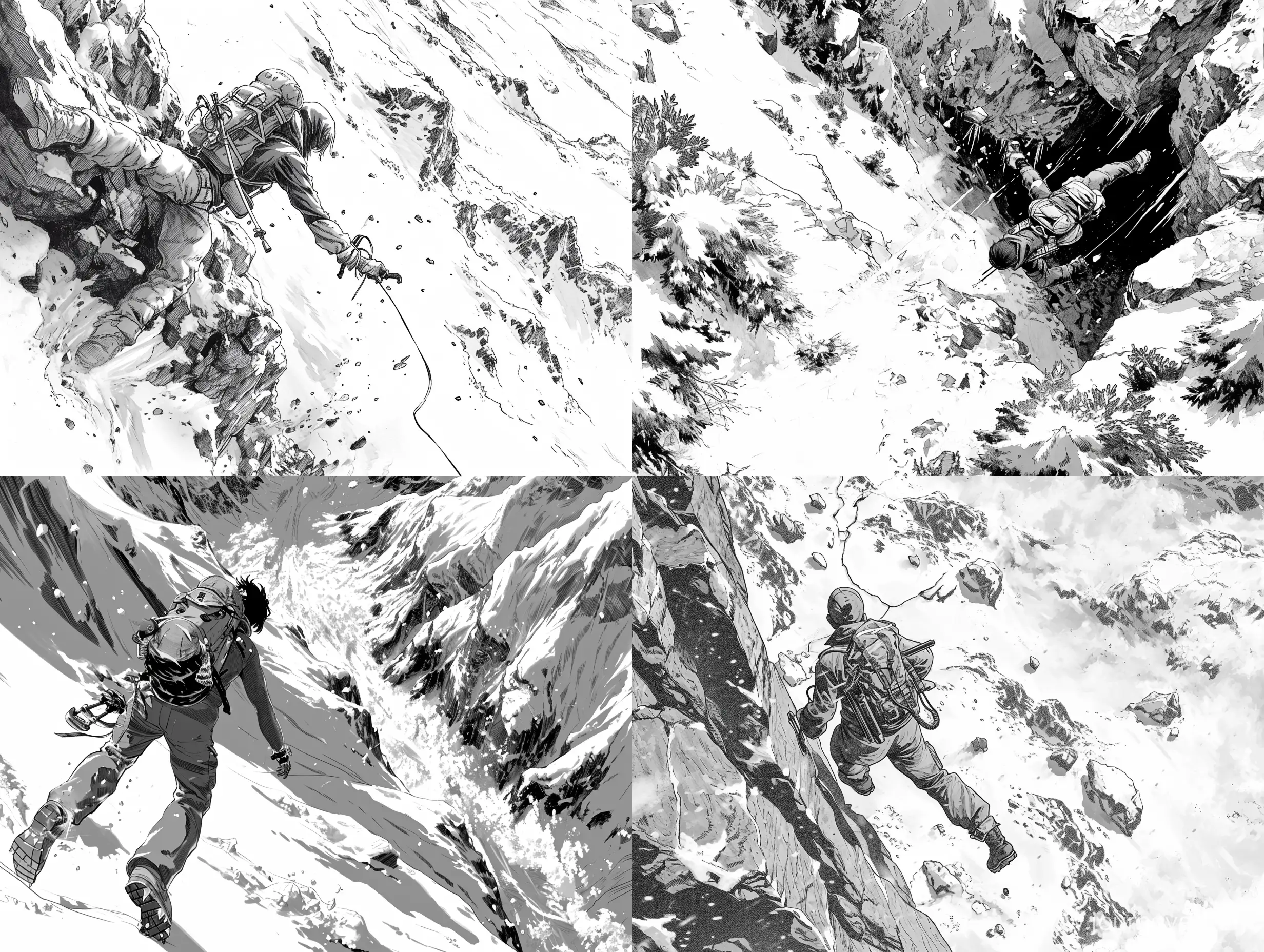 a manga panel, best quality, from above, a man with hiking equipment, fall into an abyss of a snowy mountain,  ultra detailed --v 6 --ar 4:3 --q 2
