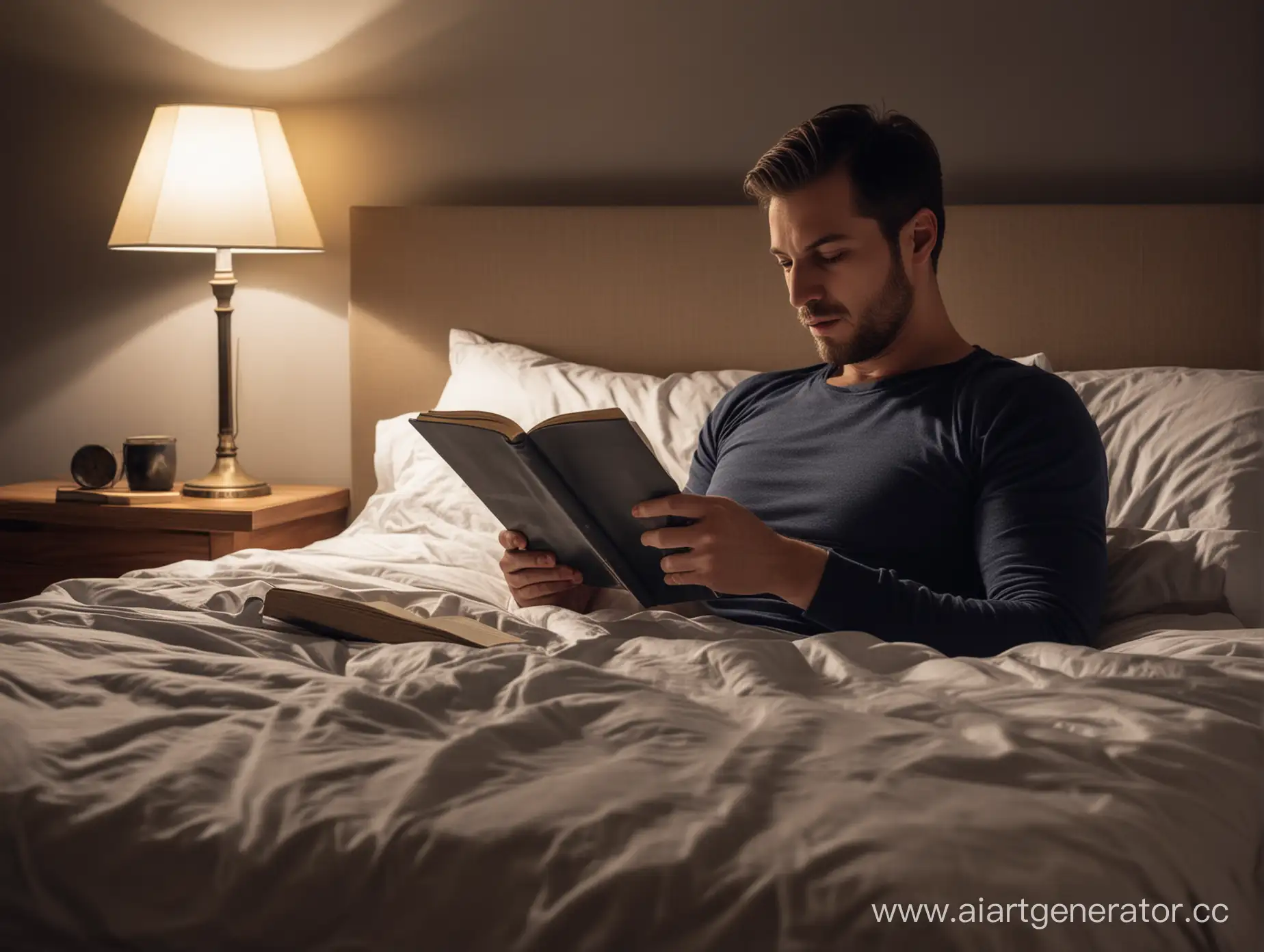 Man-Reading-a-Book-in-Bed-at-Night