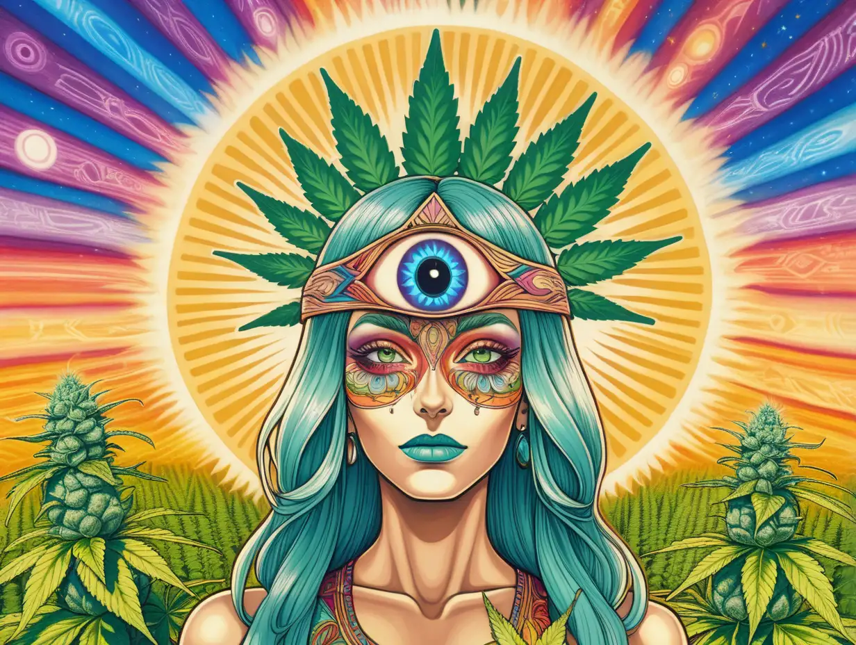 Beautiful Woman with the all seeing third eye standing in a field of cannabis with a colorful sun in the background


