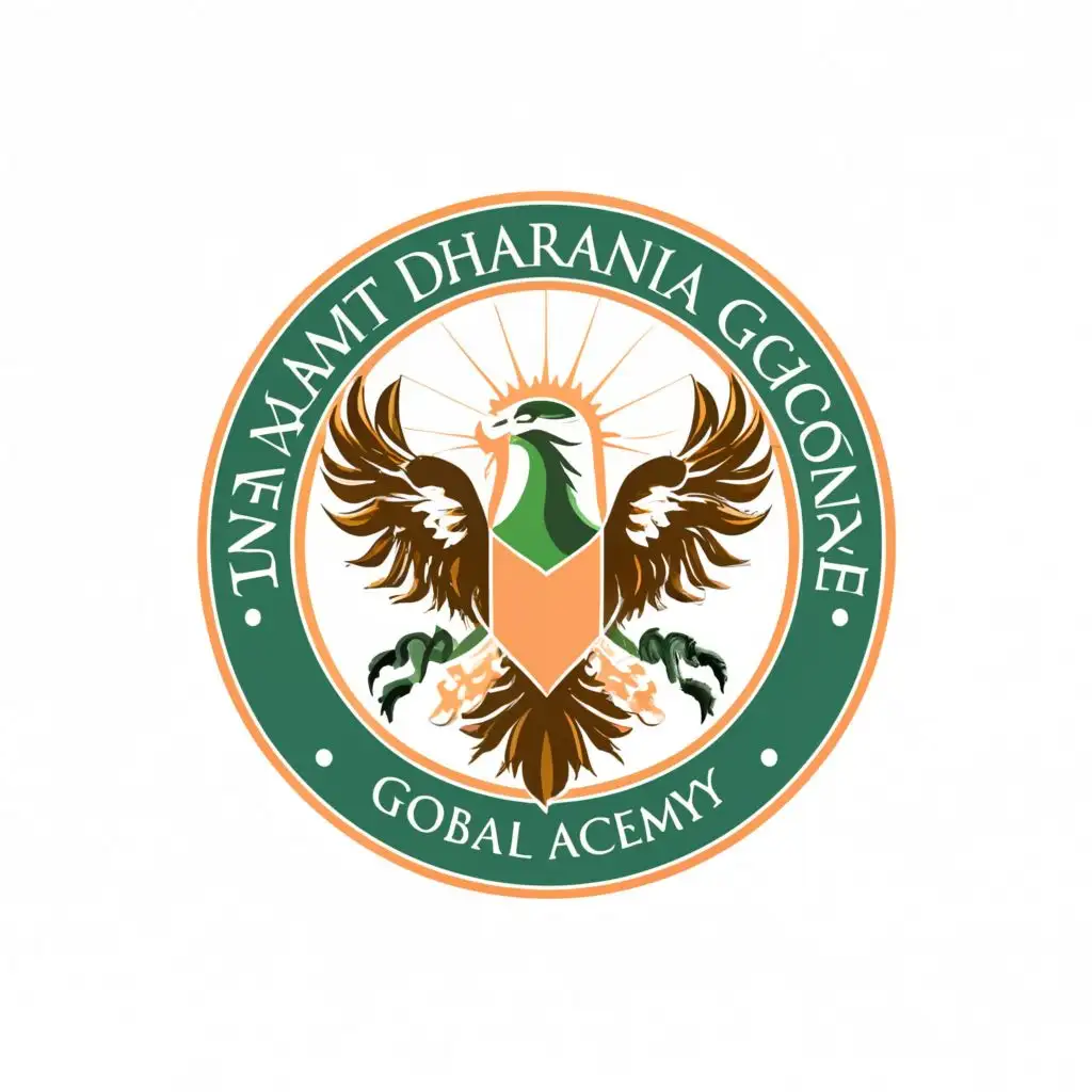 logo, Eagle, Sun and Infinity Symbol include name Amit Dharaniya Global Accademyy in a circle with color green orange white, with the text "Amit Dharania Global Academy", typography, be used in Education industry