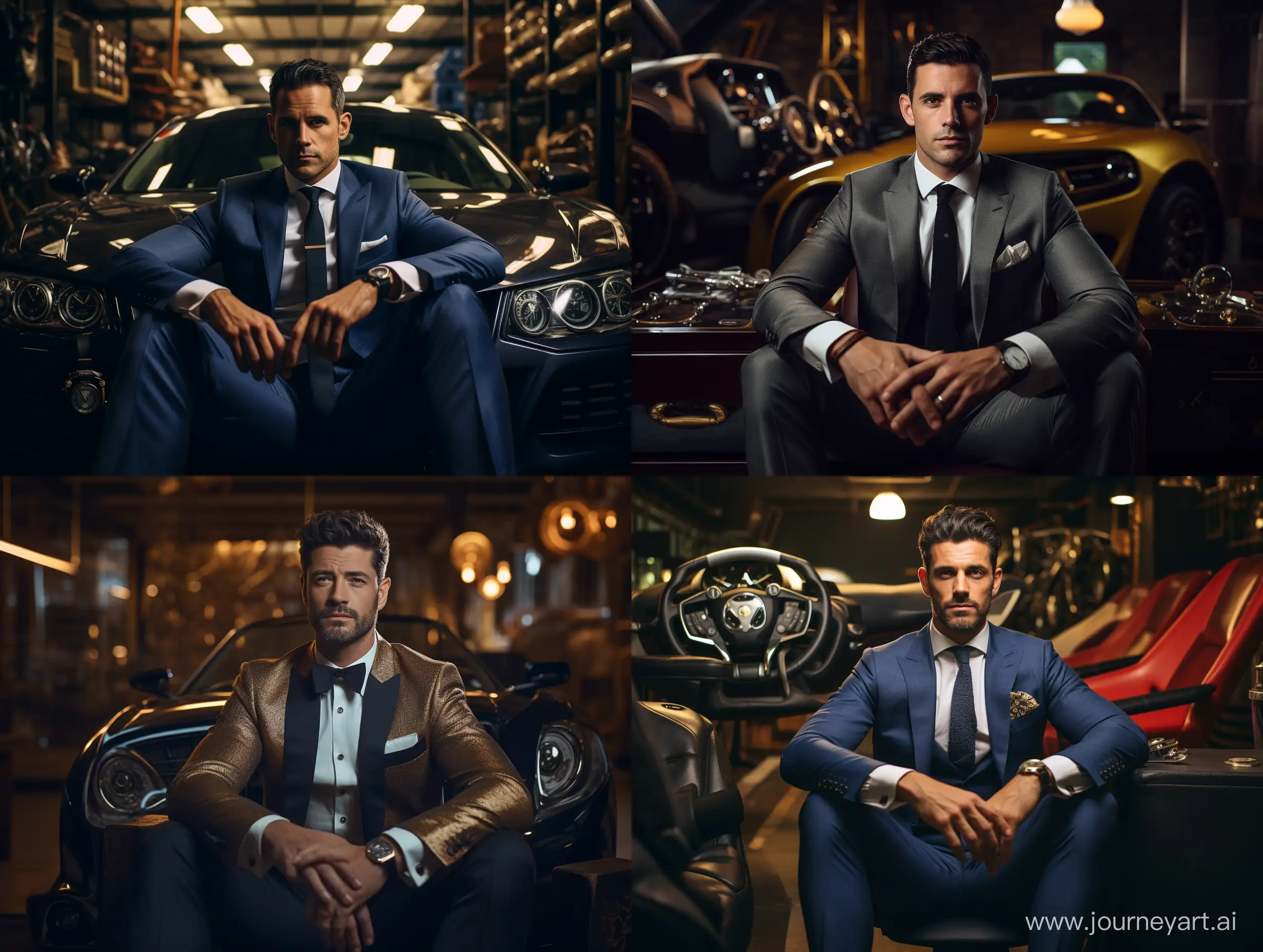 /imagine Male Narrator, looking directly at the camera, Wearing a high class suit and a gold watch, sitting on a rolling chair in a garage filled with high-end cars, realistic, cinematic lighting --ar 4:3 --q 2