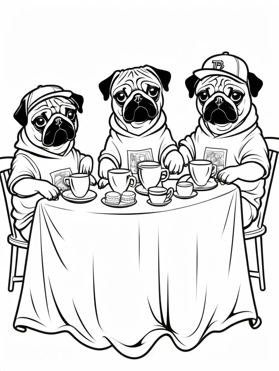 black and white cartoon outline of 3 pugs dressed in hip hop style baggy pants and t-shirt style clothes having a tea party for a coloring book, outline only, thick black lines, solid white background, no logo