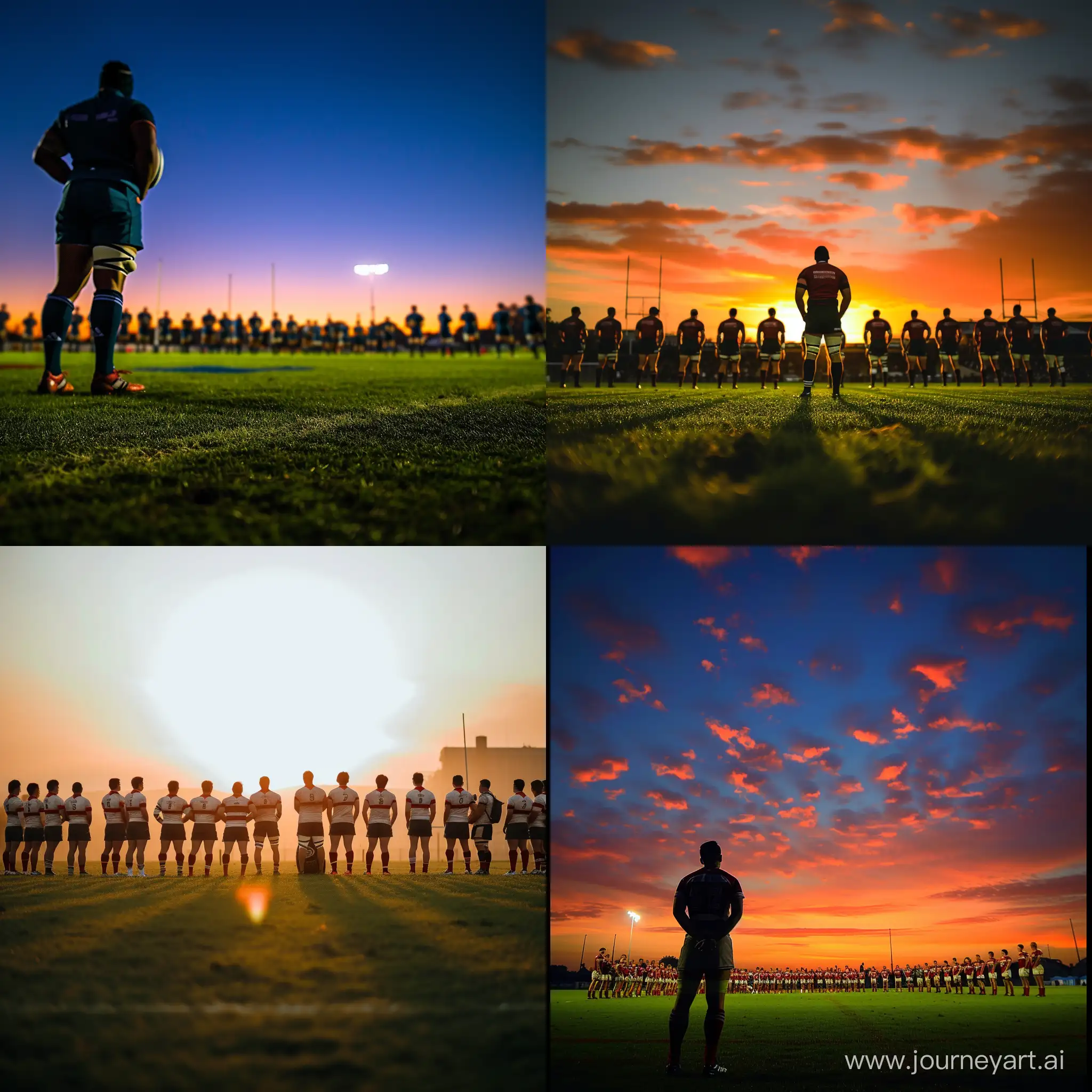 регбисты стоят на зеленом поле в закате солнца