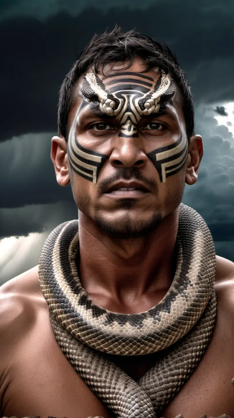 Determined Aztec Man with Rattlesnake Features Facing Storm