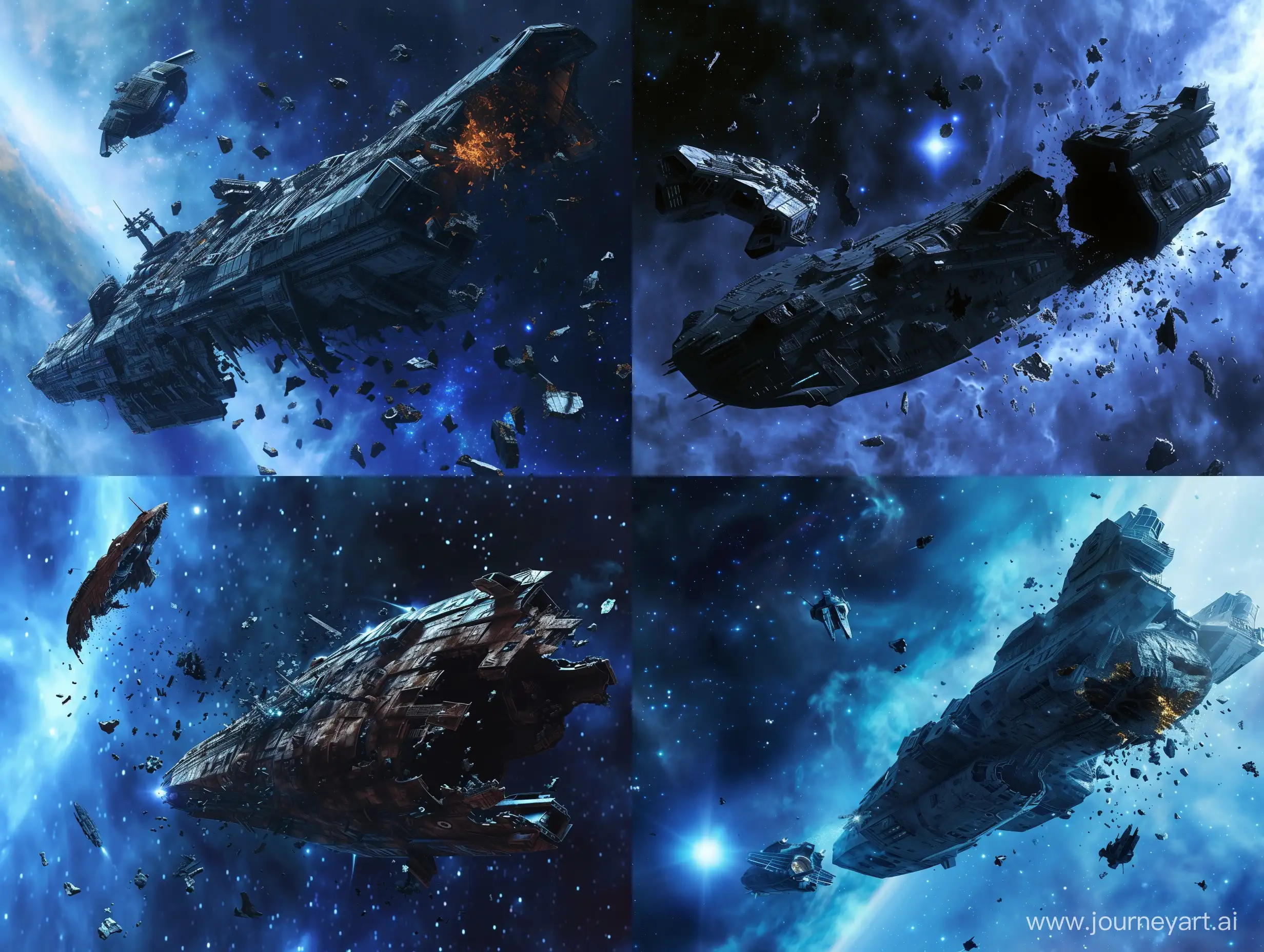 Ruined-Space-Battleship-Amidst-Cosmic-Debris-Against-Dark-Blue-Pulsar-Background