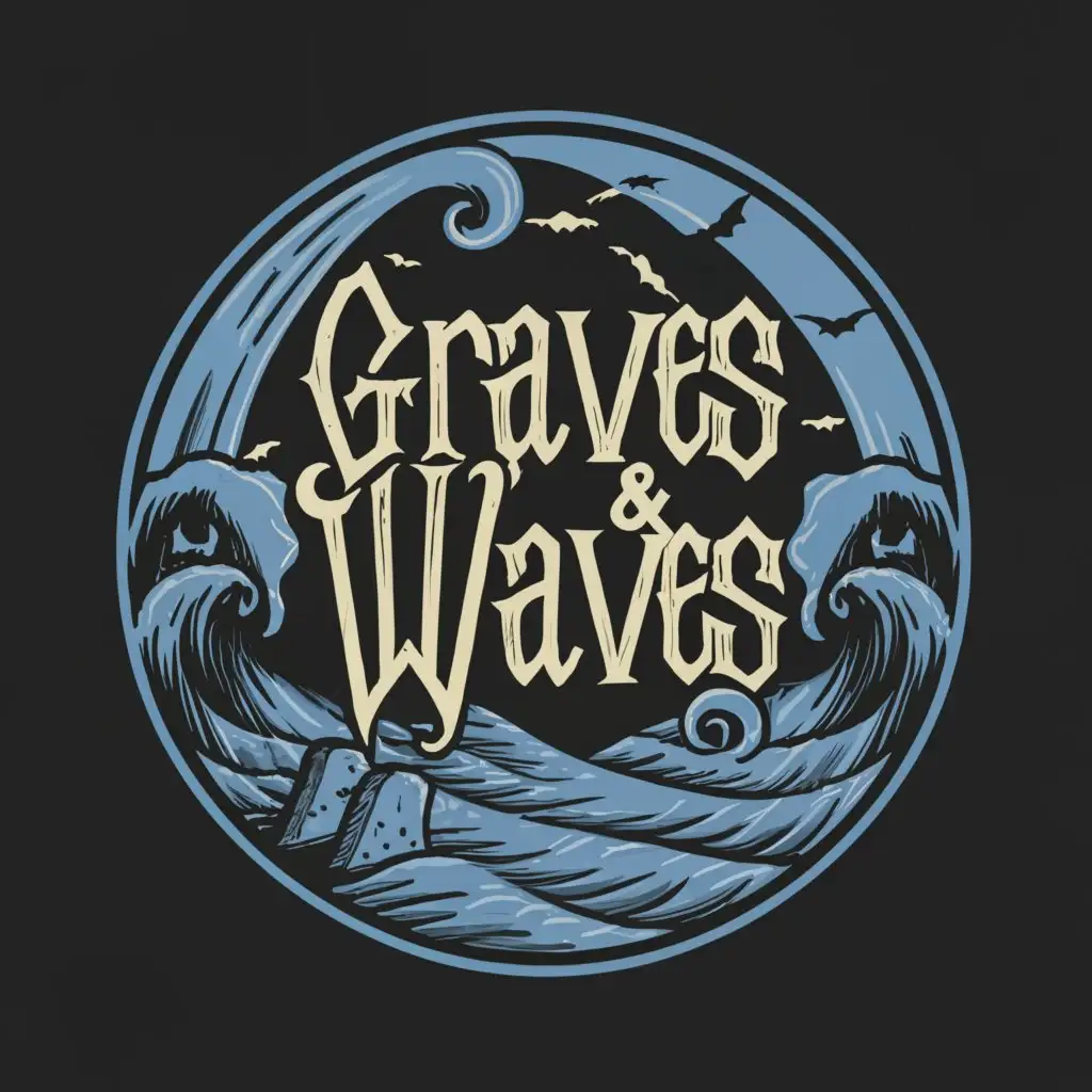 a logo design,with the text "Graves & Waves", main symbol:A dark scary beach with a graveyard. Full moon and bats in the background.,Moderate,clear background