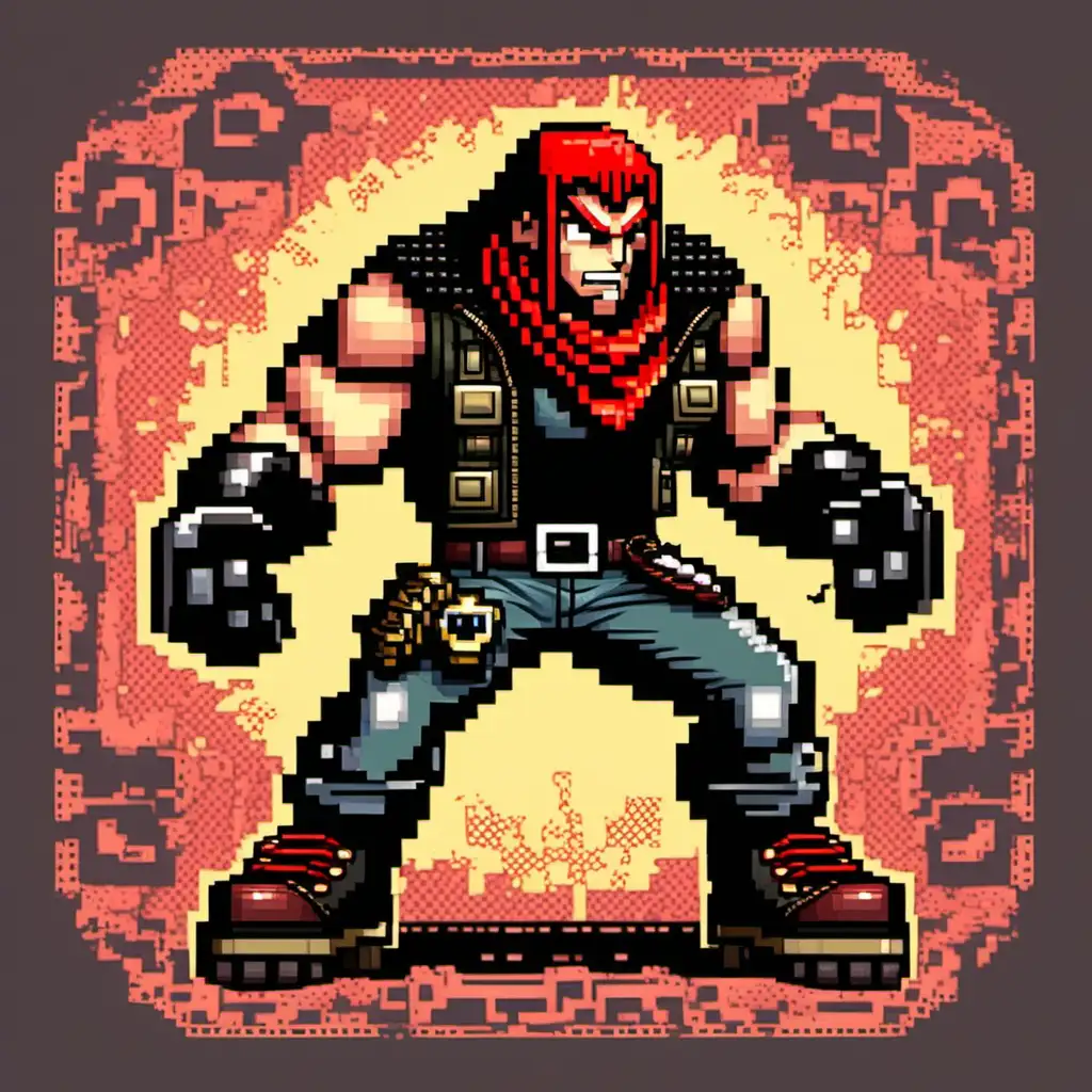 2d pixel art full body a burly and muscular figure that is jumping in the air
He wears a sleeveless black leather vest adorned with the gang's emblem – a fierce-looking raven in a combat stance.
A red bandana is wrapped around his forehead, emphasizing his intense and determined expression.
Pixel art details highlight his large, tattooed arms, showcasing a mix of tribal patterns and battle scars.
He wears dark cargo pants and combat boots, completing his rugged and imposing look.
 pixel art face is square-jawed, with a prominent scar across his left cheek, adding to his rough appearance.
His short, buzzed hair has a slightly faded pixel art texture, giving it a gritty look.
he has a pair of fingerless gloves with reinforced knuckles, emphasizing his brawler style.
His utility belt holds additional tools for close-quarters combat, such as brass knuckles and a chain. in a jumping position