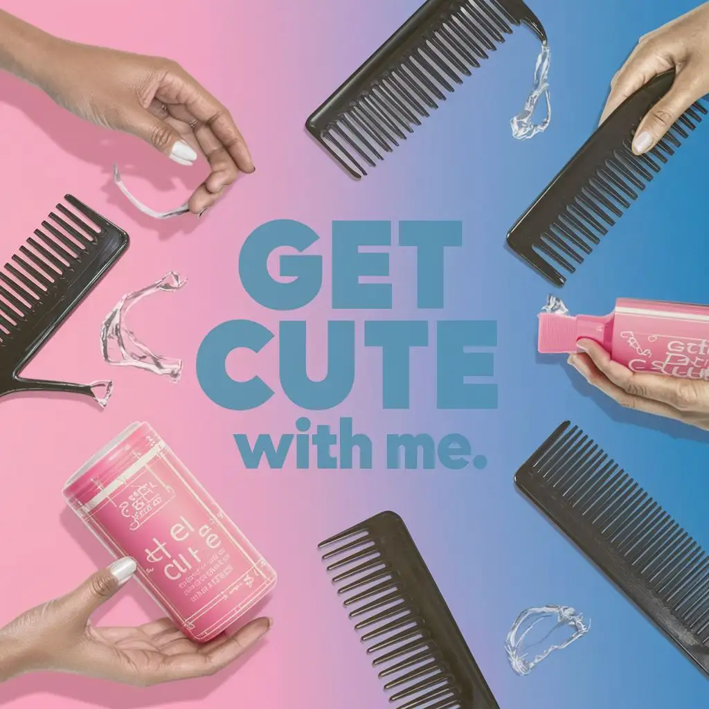logo, pink and blue, hair gel, combs, and black girl hands doing hair , with the text "Get cute with me.", typography
