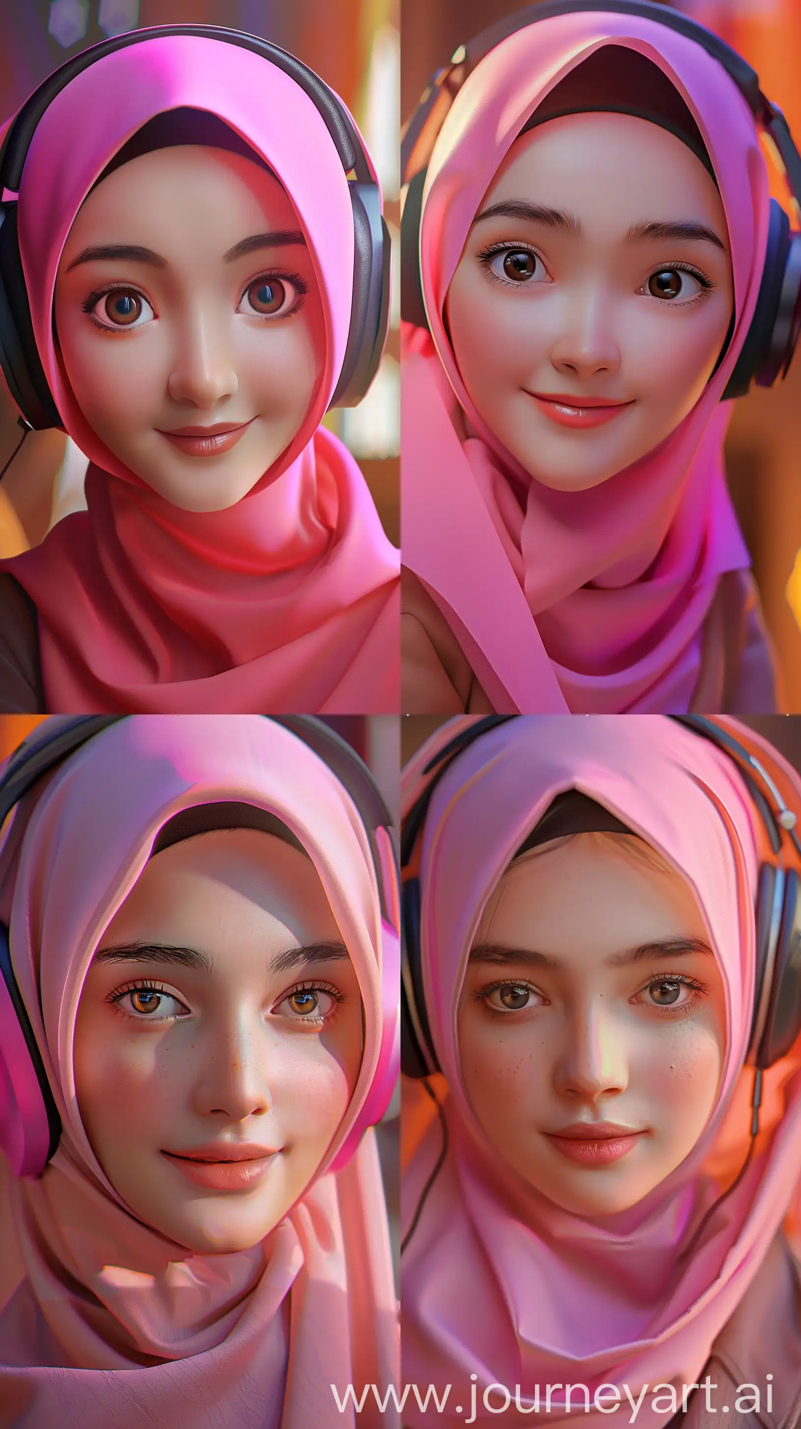 [ https://i.imgur.com/zQOP5IQ.jpeg ] Make an image that is exactly the same as this example. Please render in typical Disney pixar style, wear pink hijab, smiling into camera, sharp focus and detailed, 8k, hyper realistic, natural lighting, minimalist background. --ar 9:16