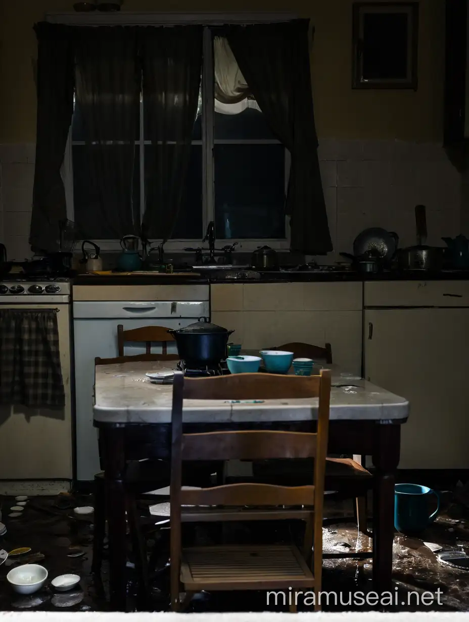 4 people sitting around a kitchen table in a very dirty very dimly lit kitchen with pots overflowing on the stove dirty dishes overflowing in sink dirty floor tattered curtains covering a broken window 