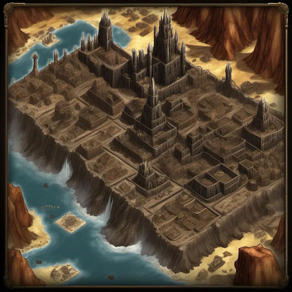 Desenhe um mapa detalhado, estilo inkarnate de Obsidium Dominium, uma cidade-fortaleza imponente e sombria situada nas profundezas de um vulcão extinto. Comece traçando os contornos da cidade-fortaleza, que se ergue majestosamente no centro da caldeira vulcânica, cercada por muralhas altas e impenetráveis.

Em seguida, adicione características distintas da cidade-fortaleza, como torres de vigilância pontiagudas que se elevam acima das muralhas, pontes levadiças que cruzam os rios de lava solidificada e os distritos distintos dentro da cidade, como o bairro nobre, os mercados caóticos e os bairros sombrios onde a criminalidade prospera.

Marque os pontos de interesse notáveis, como o Palácio Obsidiano, a sede do poder governante, a Forja Negra, onde os ferreiros habilidosos trabalham o metal vulcânico, e os Templos dos Deuses Sombrios, onde os cultistas realizam rituais obscuros.

Incorpore elementos do ambiente natural, como os lagos de lava borbulhante, as cavernas sinistras que se estendem sob a cidade e as rochas vulcânicas afiadas que pontilham a paisagem.

Por fim, adicione detalhes culturais e políticos, como as disputas entre as famílias nobres que controlam a cidade, as guildas de mercadores que monopolizam o comércio e as facções secretas que operam nas sombras.