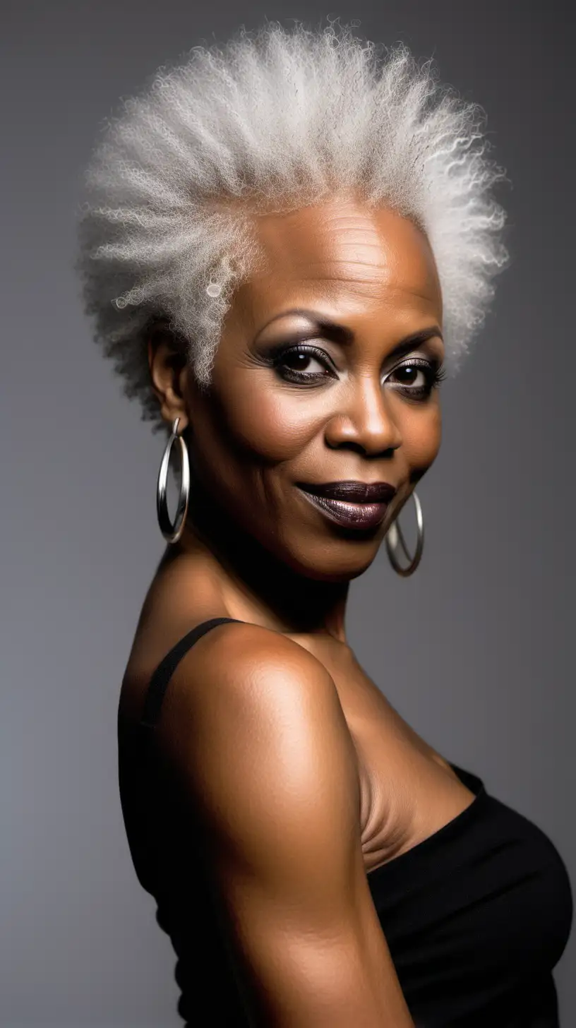 sexy black woman in her forties, short platinum afro like a man