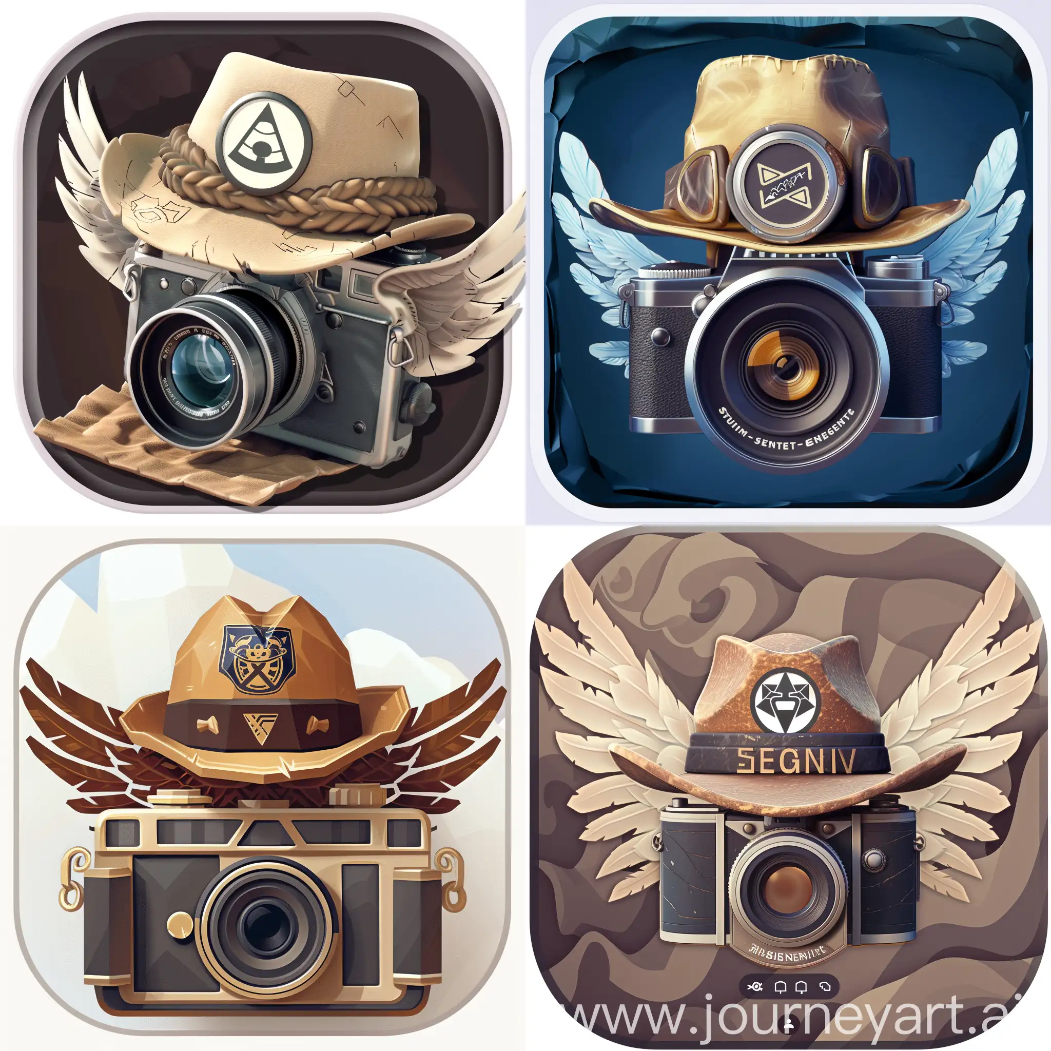 Icon for an app of a vintage movie camera with wings on its sides and an explorer hat with Unity Engine logo on it