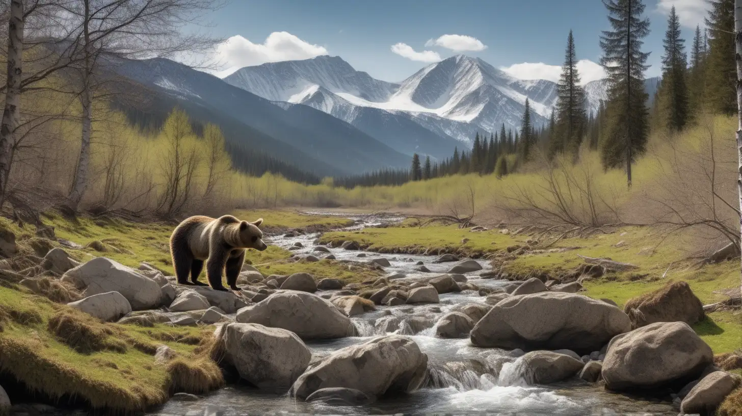 high resolution photography of a forest scene with a rocky creek in the spring season with mountains in the background  and a bear 
