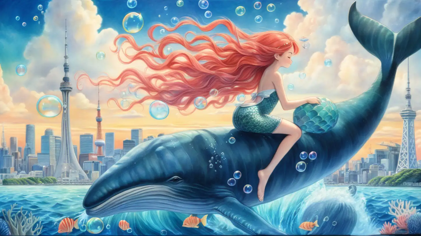 Enchanting Mermaid and Blue Whale in Tokyo Skyline