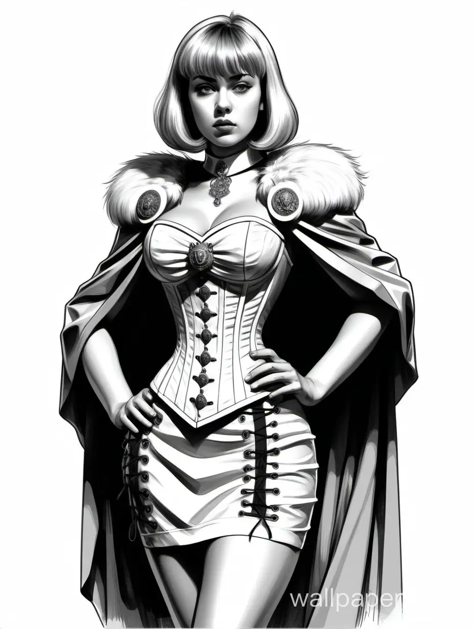 Young Irina Chashchina, Russian investigator, short light hair with bangs, large bust size 4, narrow waist, wide hips, corset with lacing and a lion head ornament, skirt with metallic overlays, short cloak on the right shoulder, black and white sketch, white background, futurist style