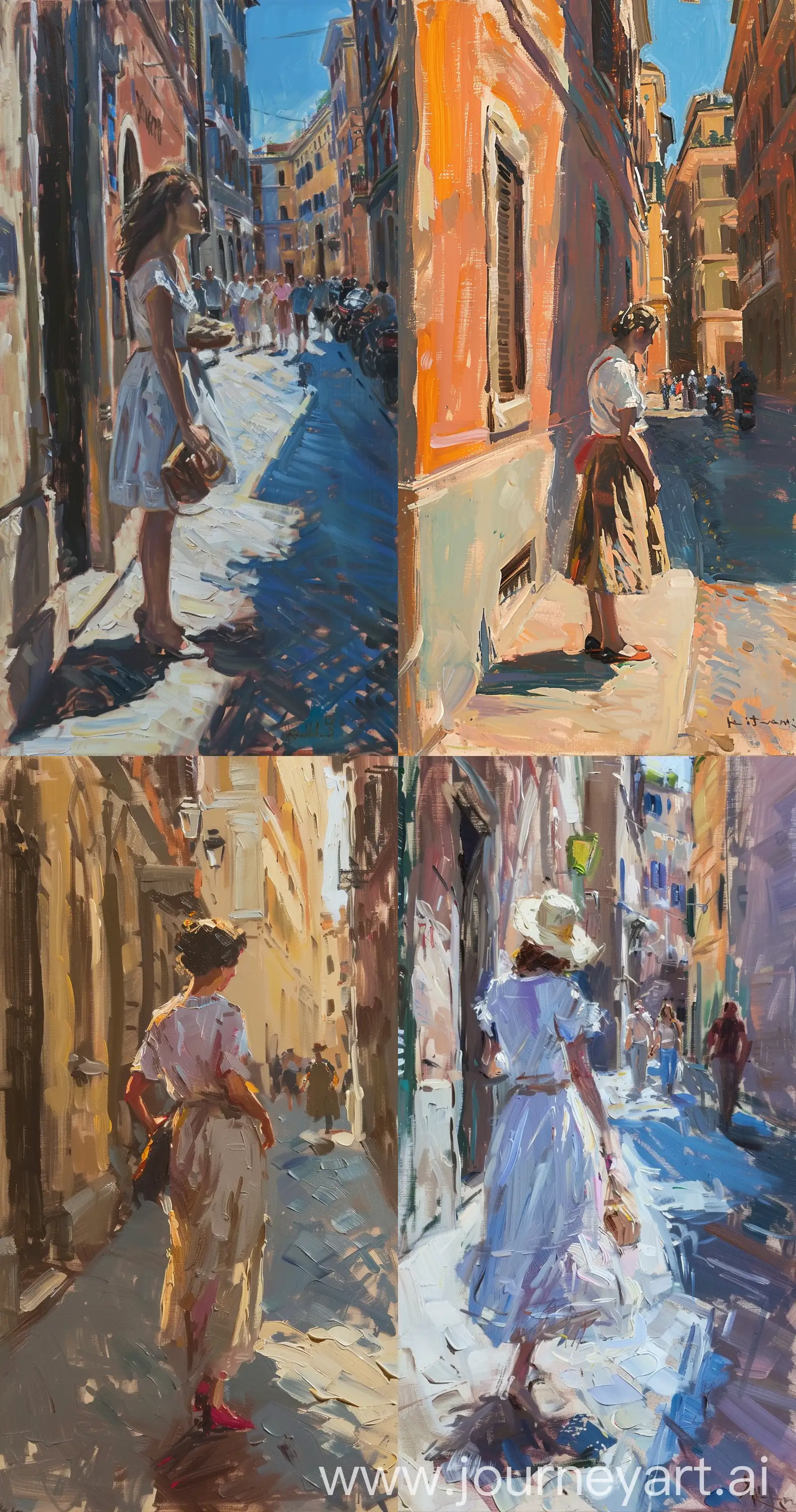 Italian-Woman-in-Rome-Delicate-Impressionist-Painting-in-the-Style-of-Hopper