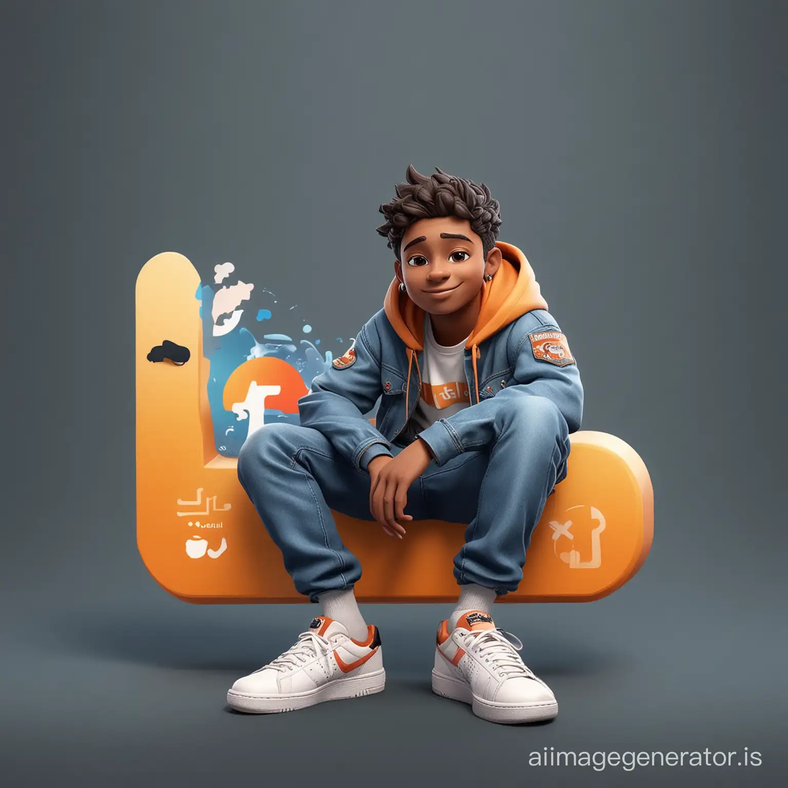 Create a 3D illustration of an animated character sitting casually on top of a social media logo 'X'. The character must wear casual modern clothing such as jeans jacket and sneakers shoes. The background of the image is a social media profile page with a user name 'Muhammad Bilal' and a profile picture that match.
