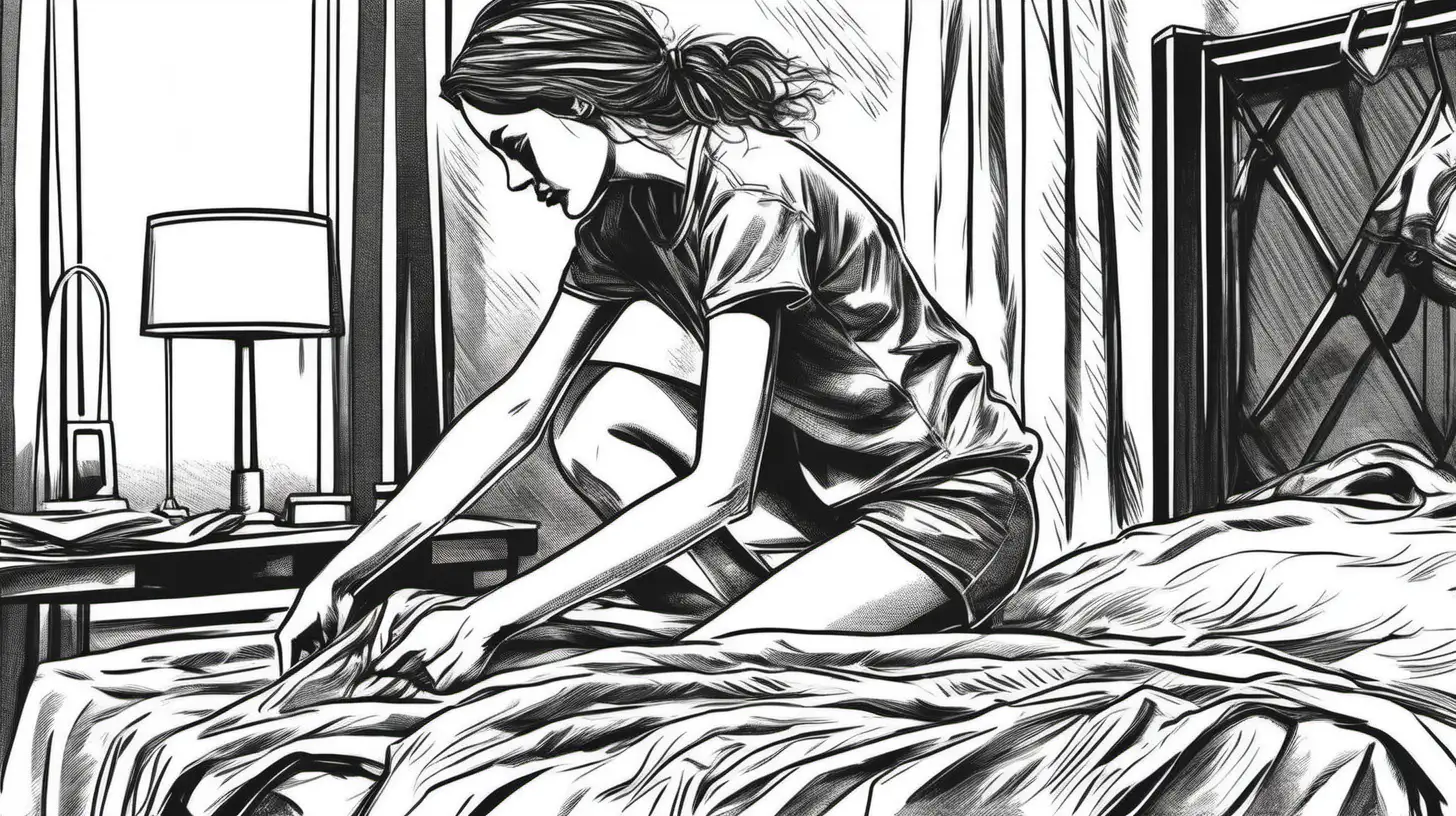 A Close up view of a young woman taking clothes off of her bed in a black and white sketch style