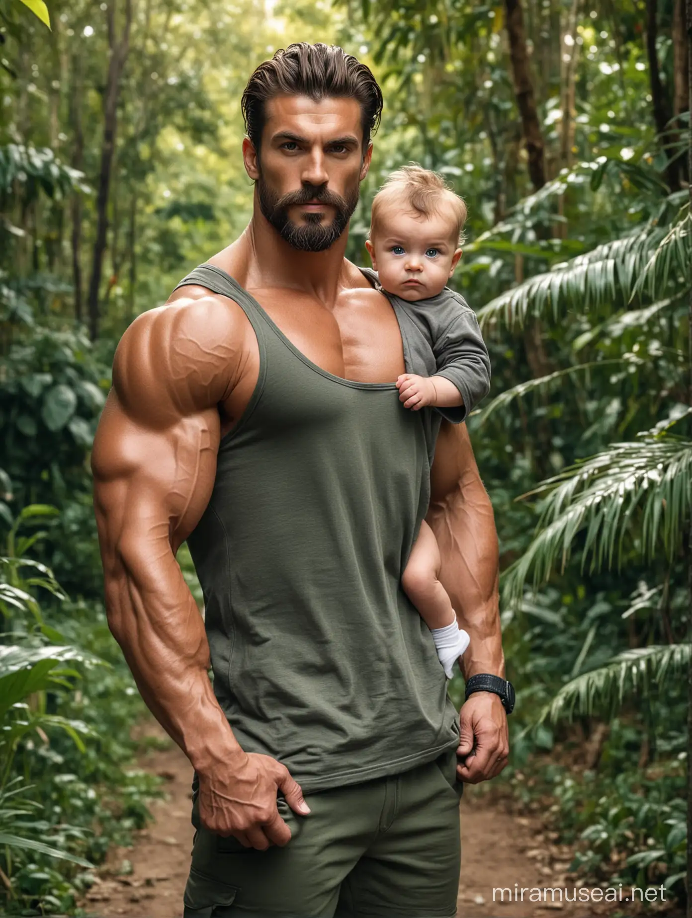 Tall and handsome bodybuilder men with beautiful hairstyle and beard with attractive eyes and Big wide shoulder and chest carrying a little baby on his arms standing in jungle 