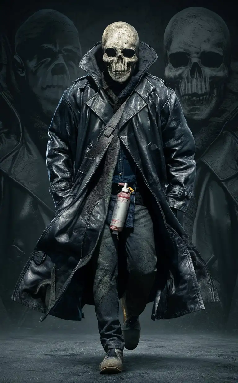 Sinclair is an imposing figure, clad in a black leather trench coat that billows around him as he moves. His attire is rugged and worn, reflecting a life spent on the fringes of society. His face is obscured by a black mask with a skull motif, adding to his menacing presence. Strapped to his hip is his trademark spray paint canister, a symbol of his defiance and destructive nature.
