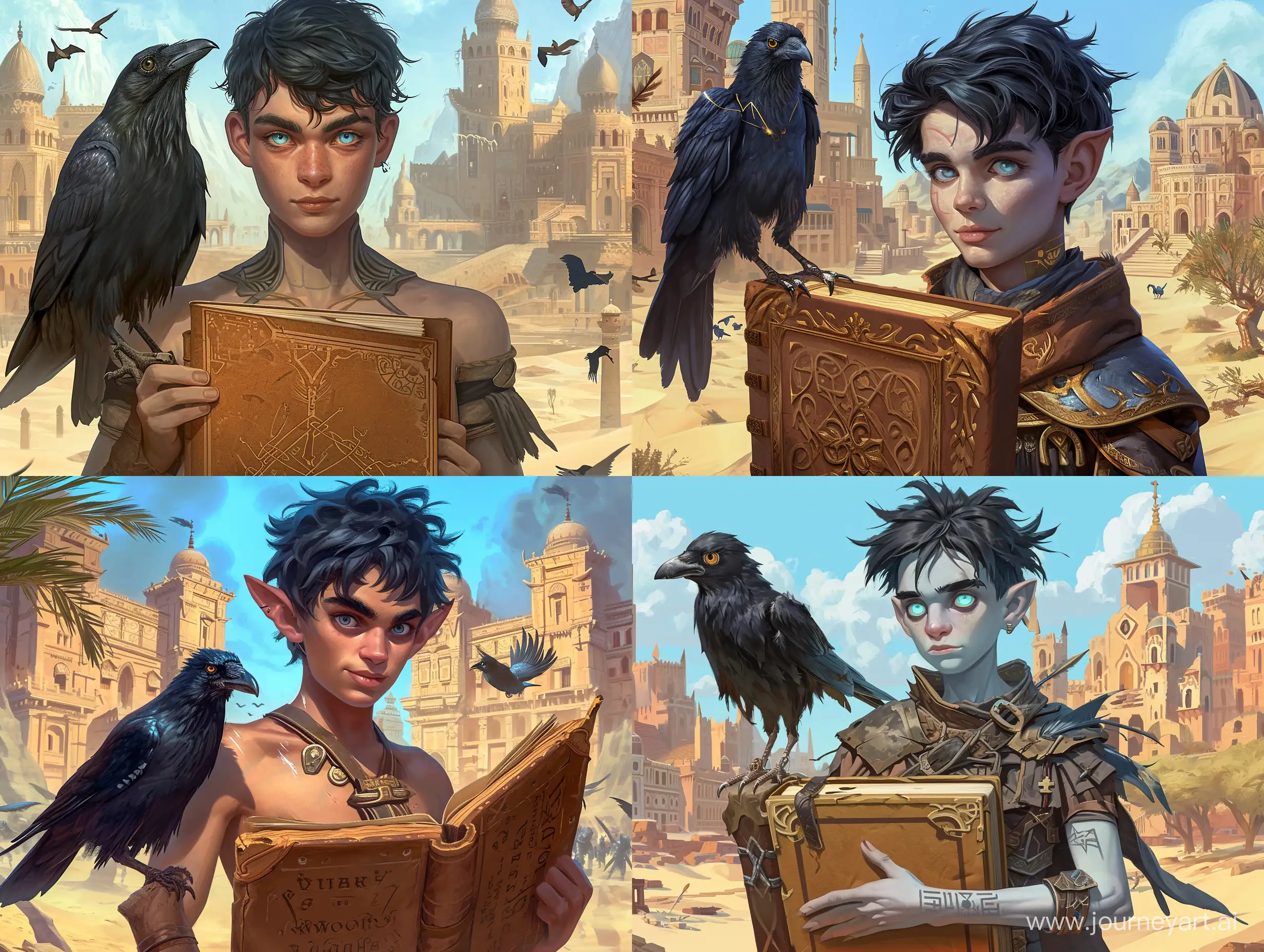 young male teenage wizard human, with very light skin with black hair, no pupil and light blue eyes, with a magical crow and an old and plain brown big spellbook, innocent looking, in front of a university of a rich city in the middle of the desert, high resolution, fantasy world, dungeons and dragons