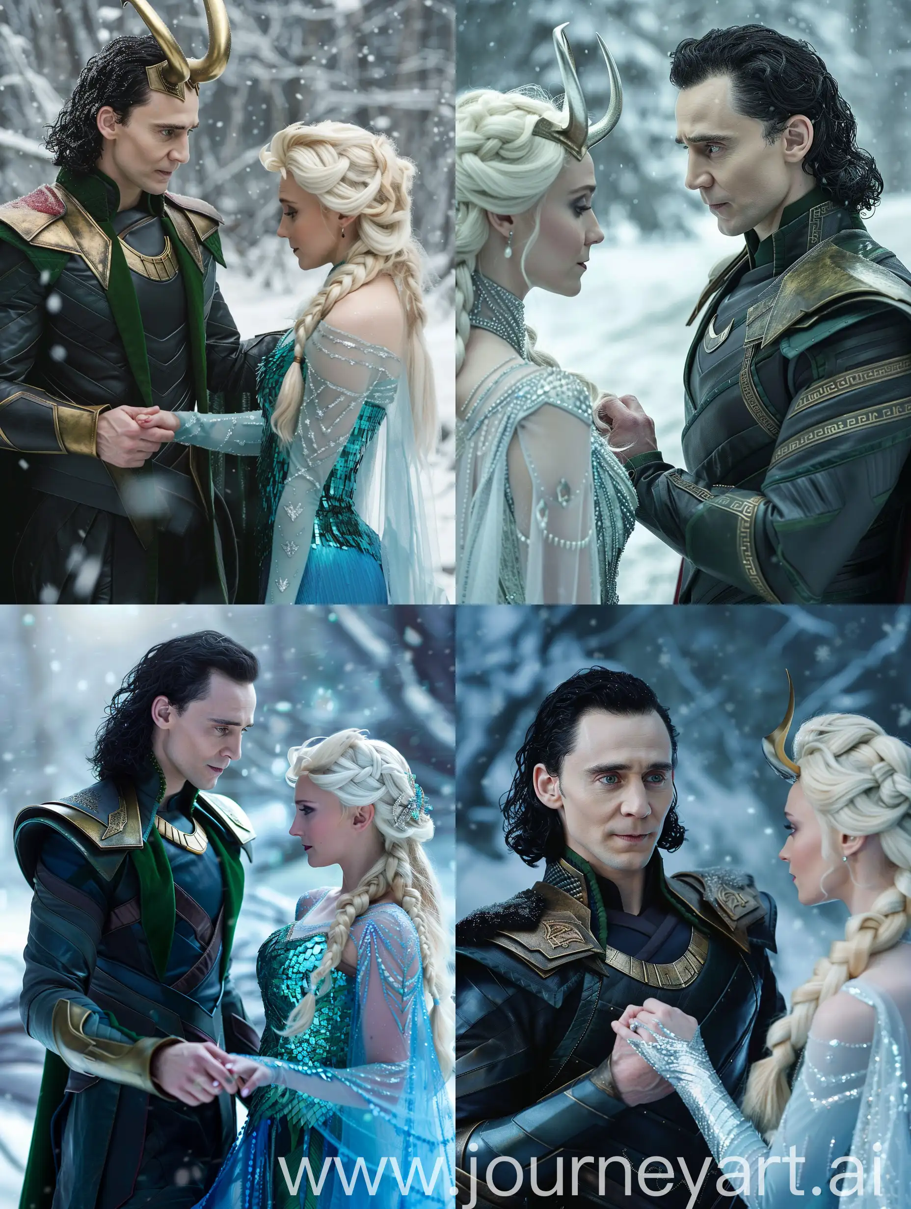 Tm Hiddleston as Loki romantically holding the hand of Elsa