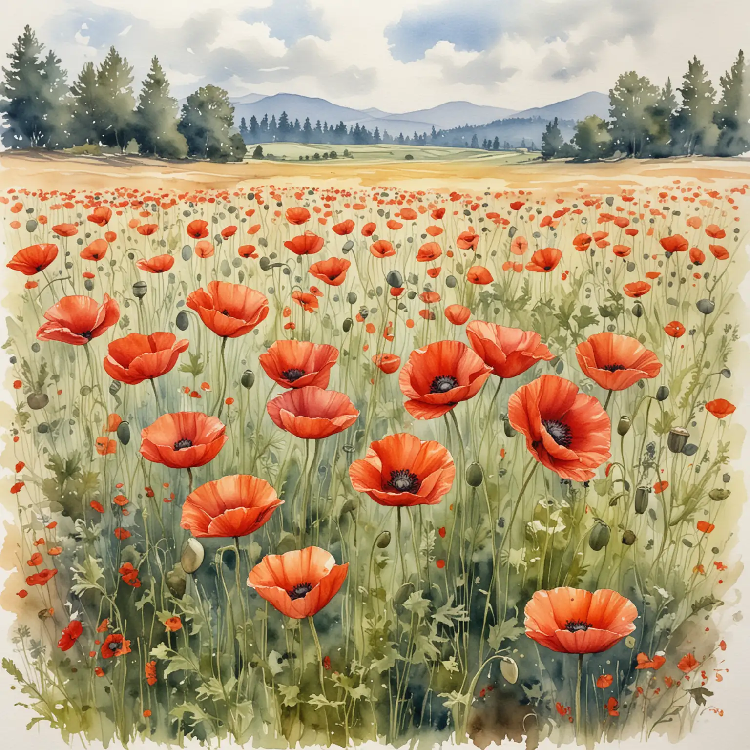 watercolor sketch of a field of poppies AND MUSHROOMS

